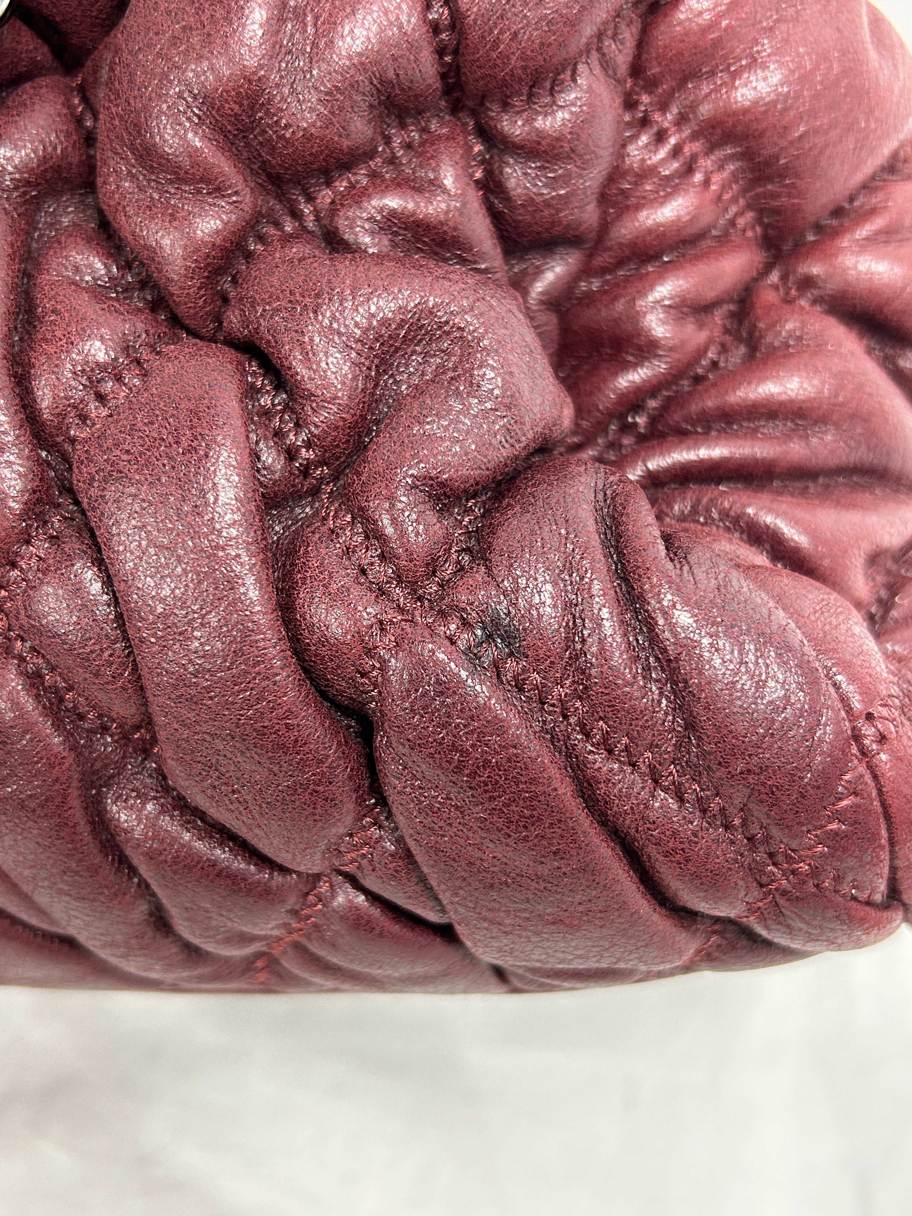 Burgundy Lambskin Leather Bubble Quilted Bowler Bag w/RHW