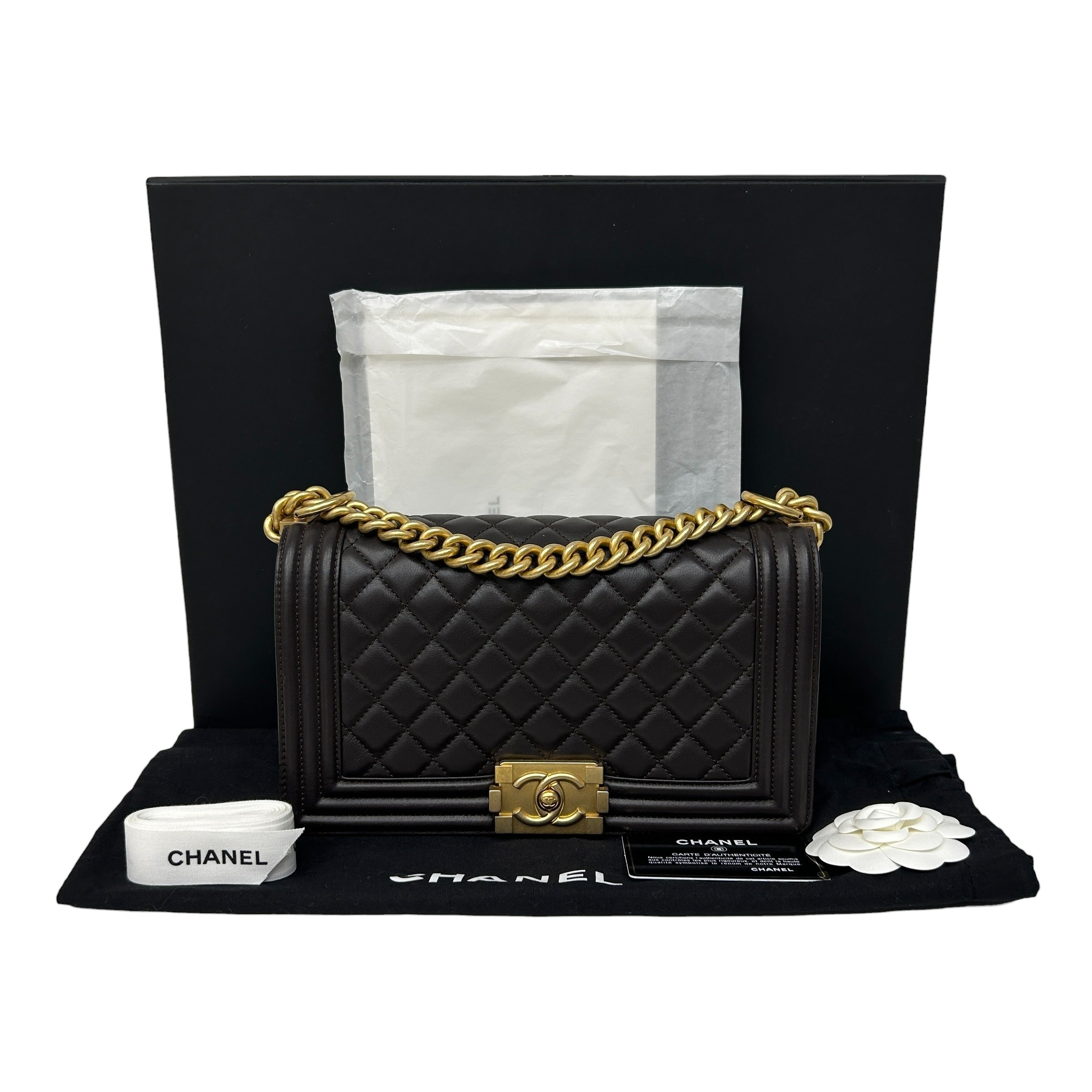 Dark Brown Quilted Calfskin Medium Boy Bag w/AGHW - Haute Classics