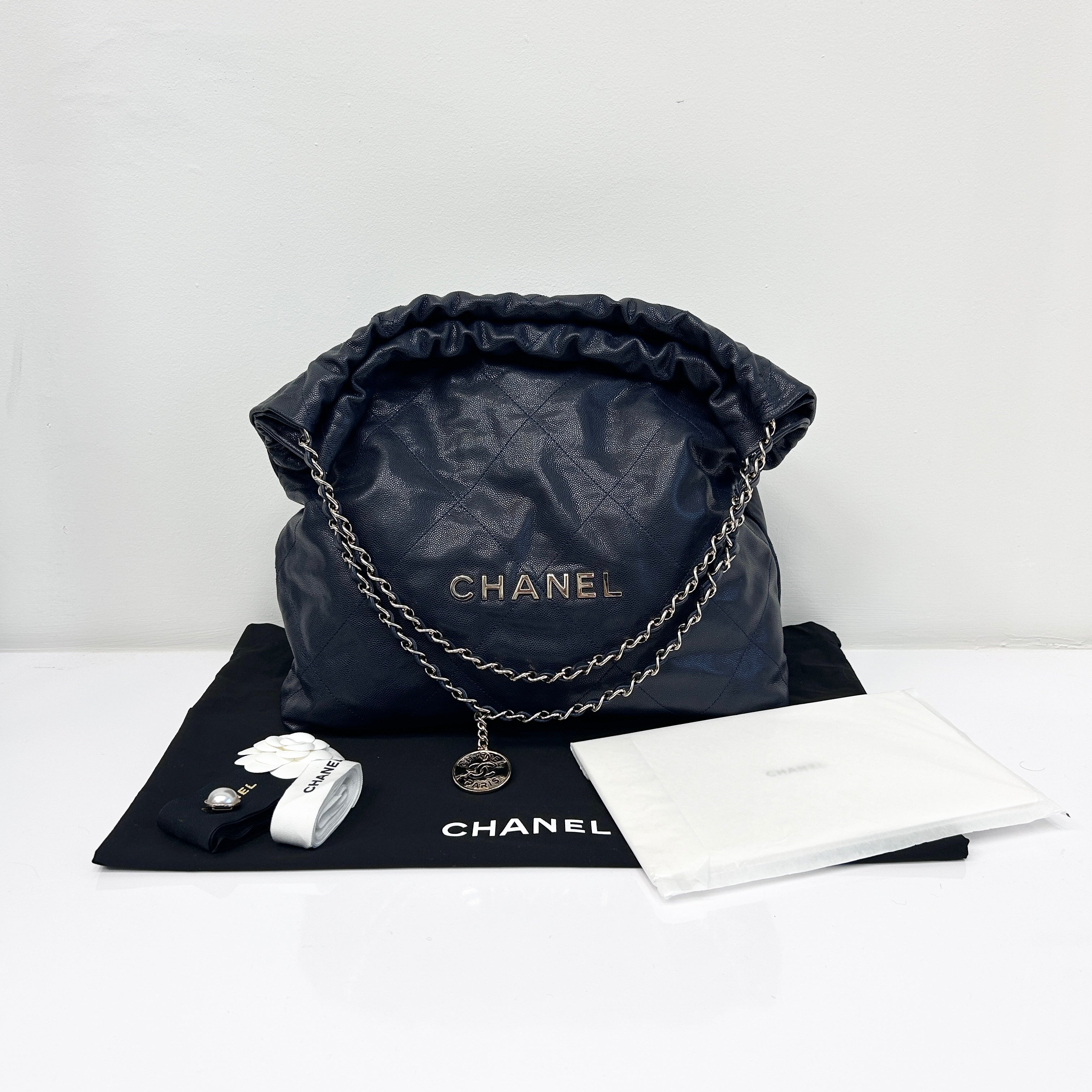 Navy Quilted Shiny Caviar Leather 22 Small Hobo Bag w/GHW
