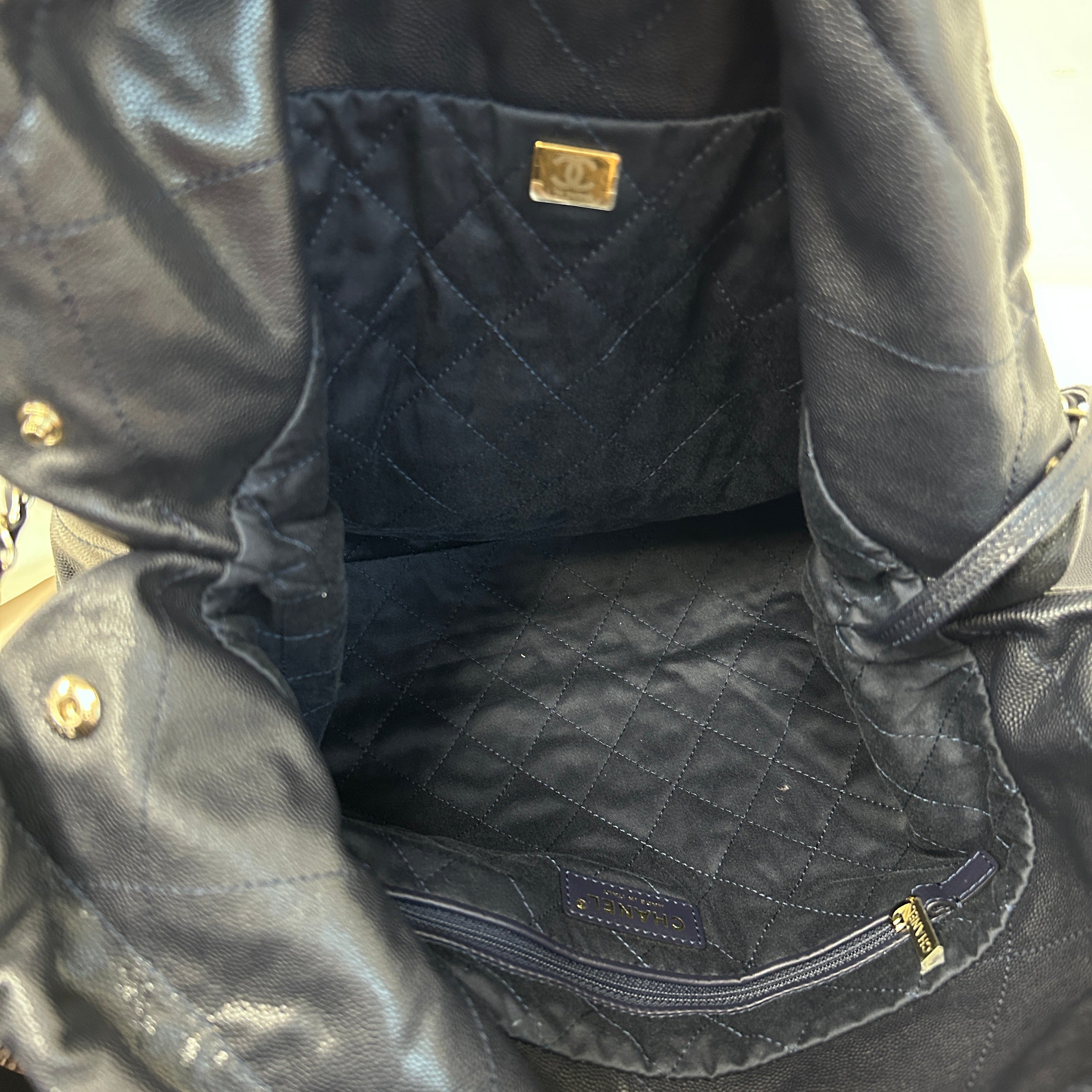 Navy Quilted Shiny Caviar Leather 22 Small Hobo Bag w/GHW