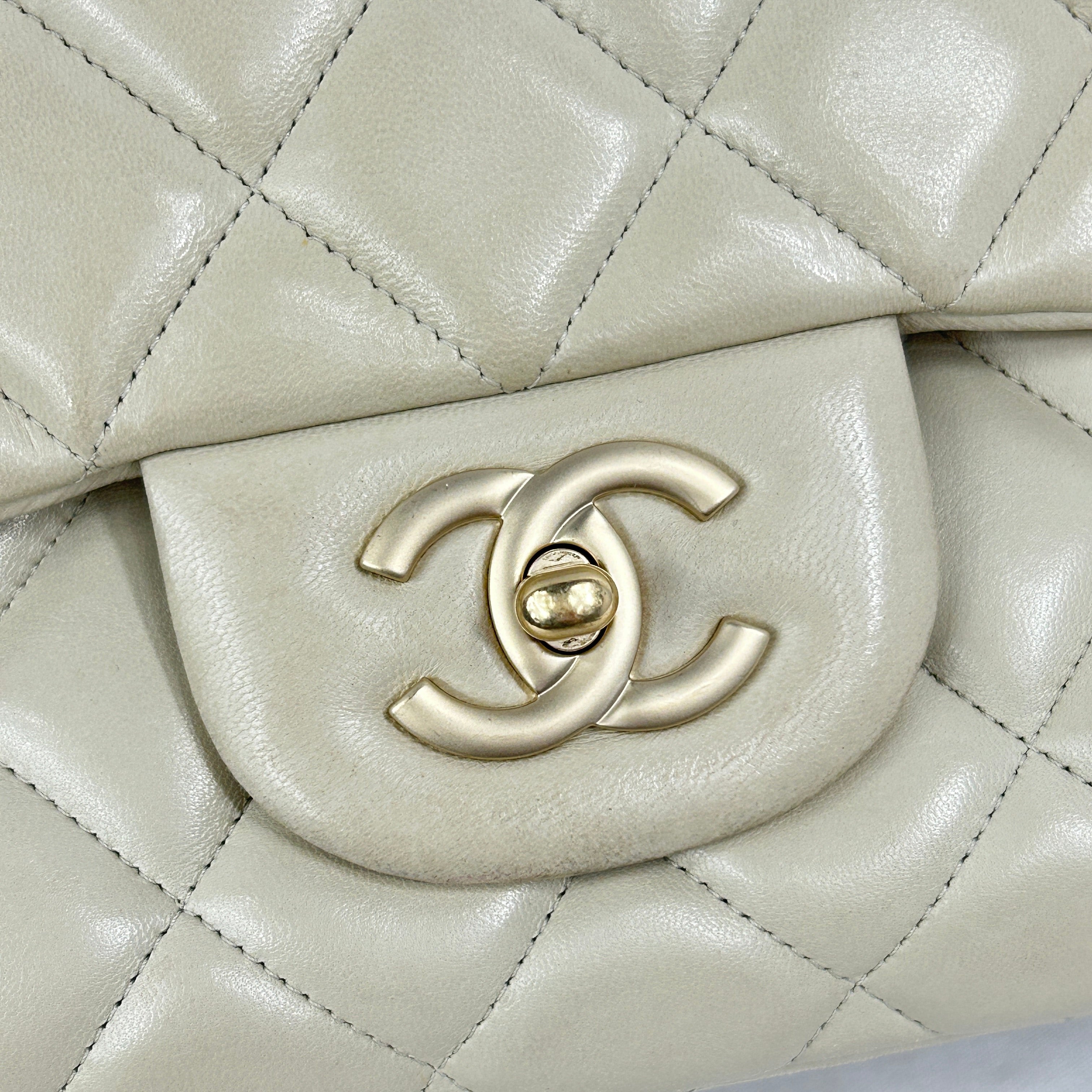 Beige Quilted Lambskin Maxi Single Classic Flap Bag w/MGHW