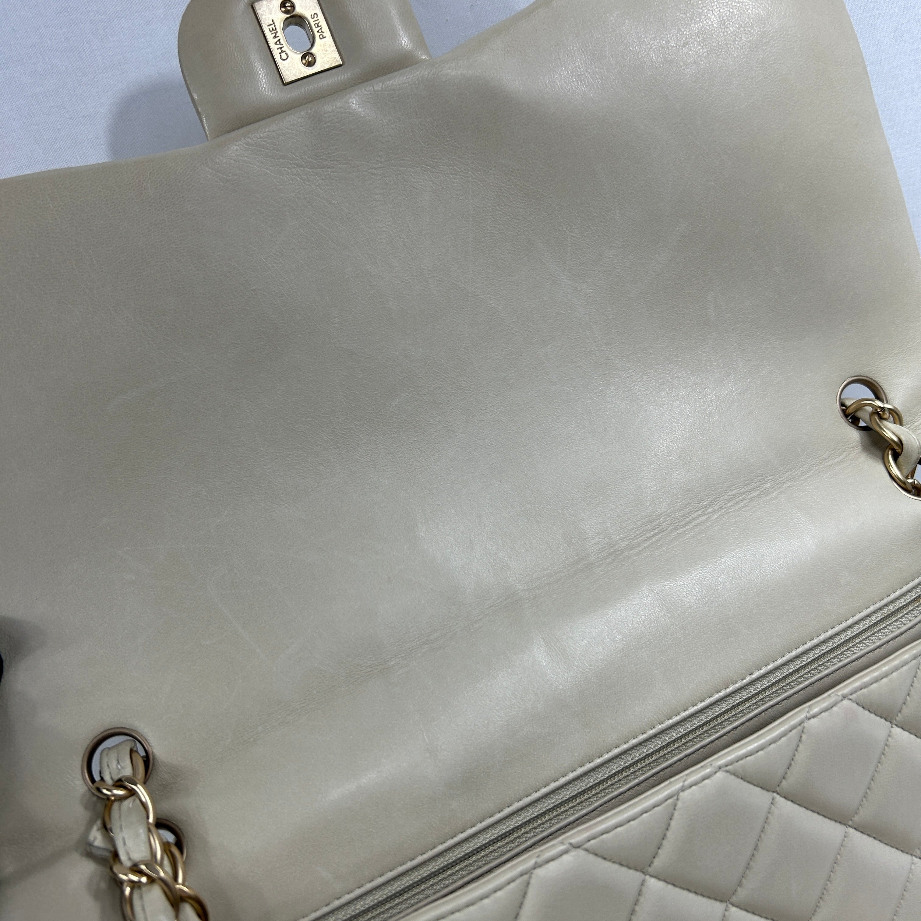 Beige Quilted Lambskin Maxi Single Classic Flap Bag w/MGHW