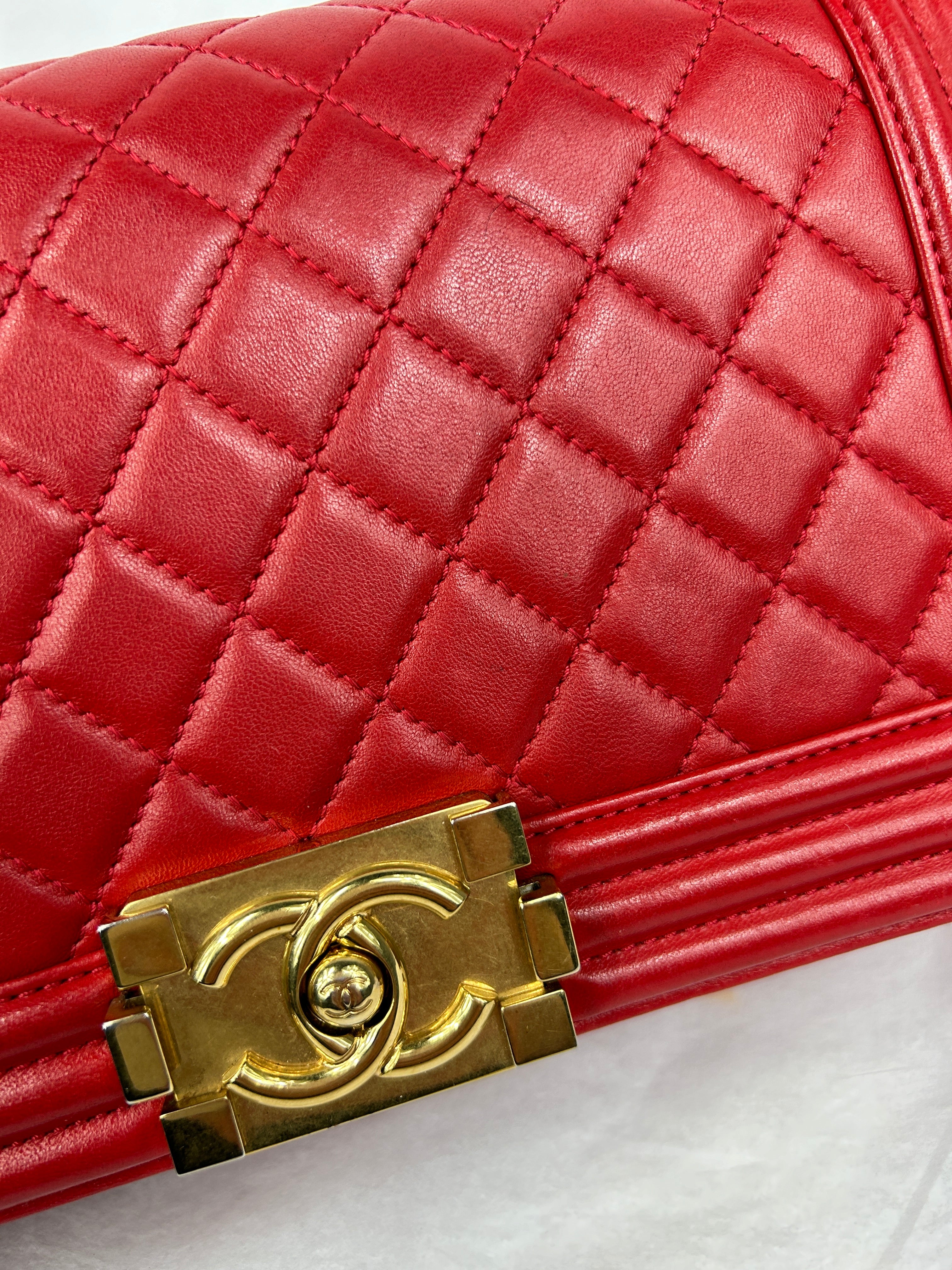Red Quilted Lambskin New Medium Boy Bag w/AGHW