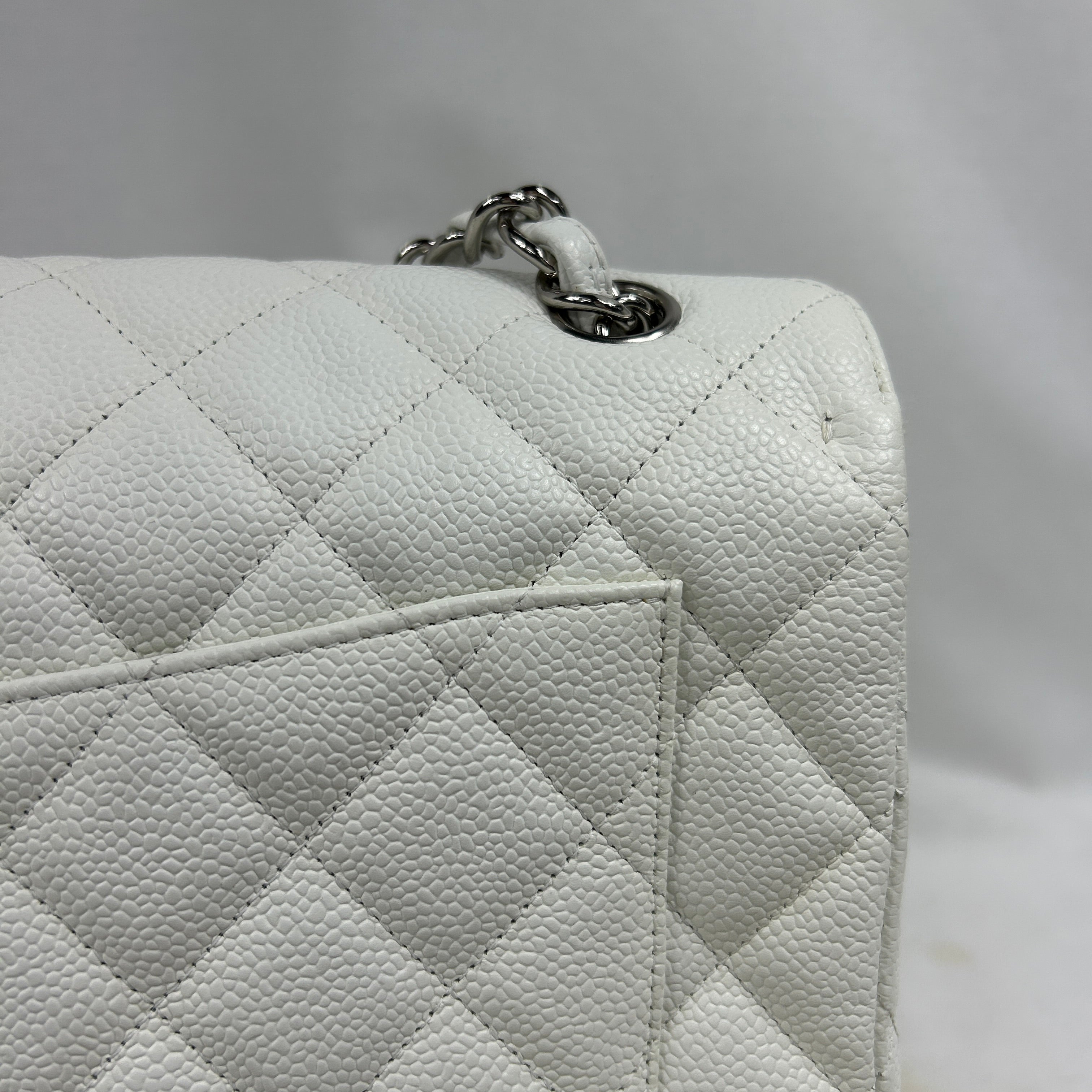 White Caviar Quilted Maxi Single Flap Classic Bag w/SHW