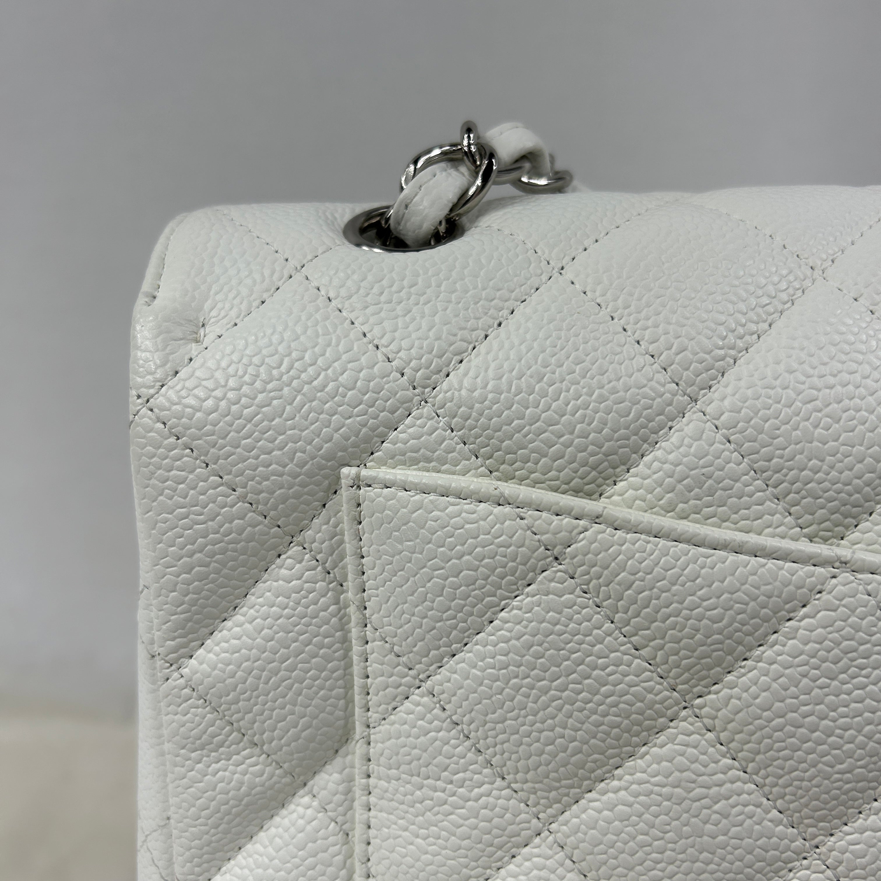 White Caviar Quilted Maxi Single Flap Classic Bag w/SHW