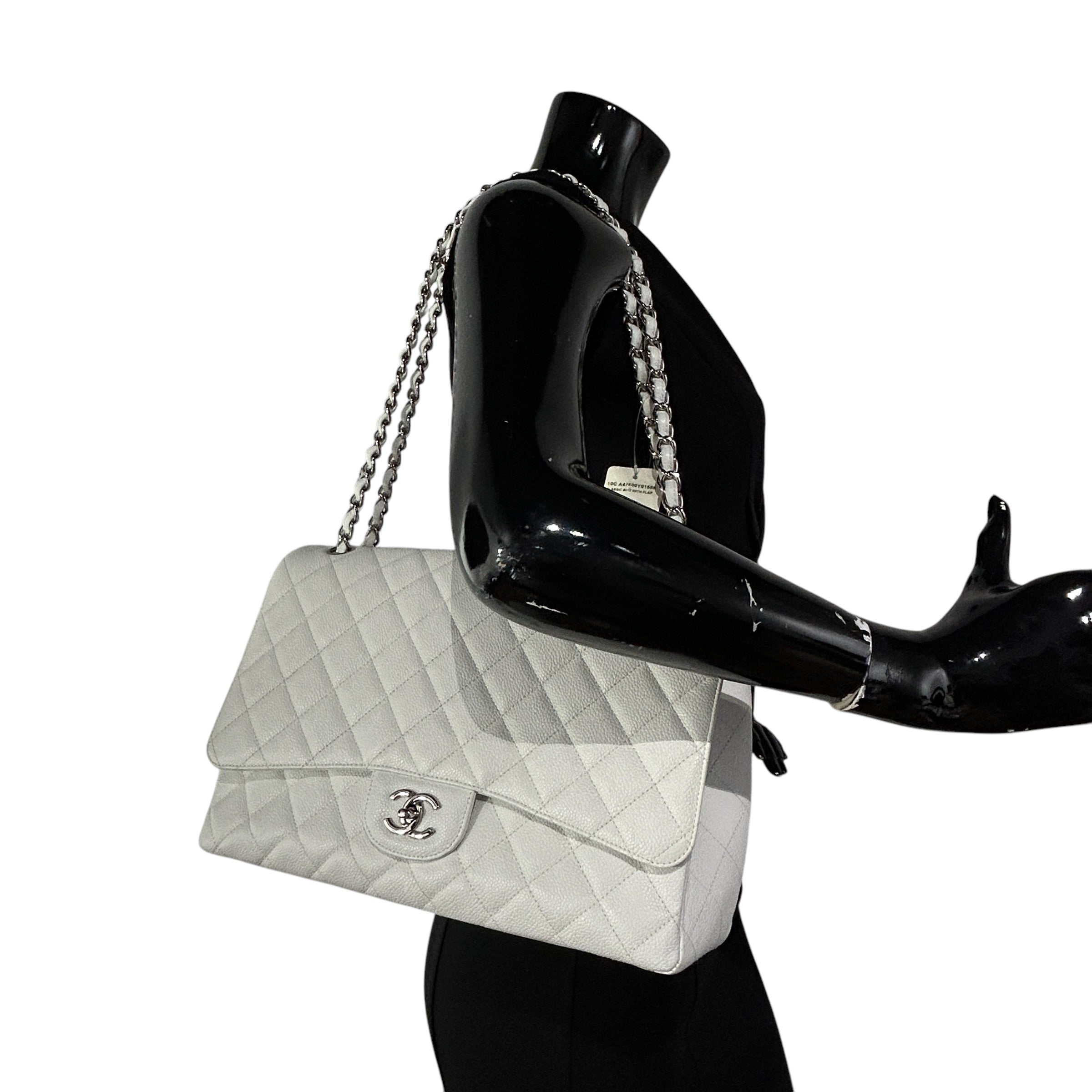 White Caviar Quilted Maxi Single Flap Classic Bag w/SHW