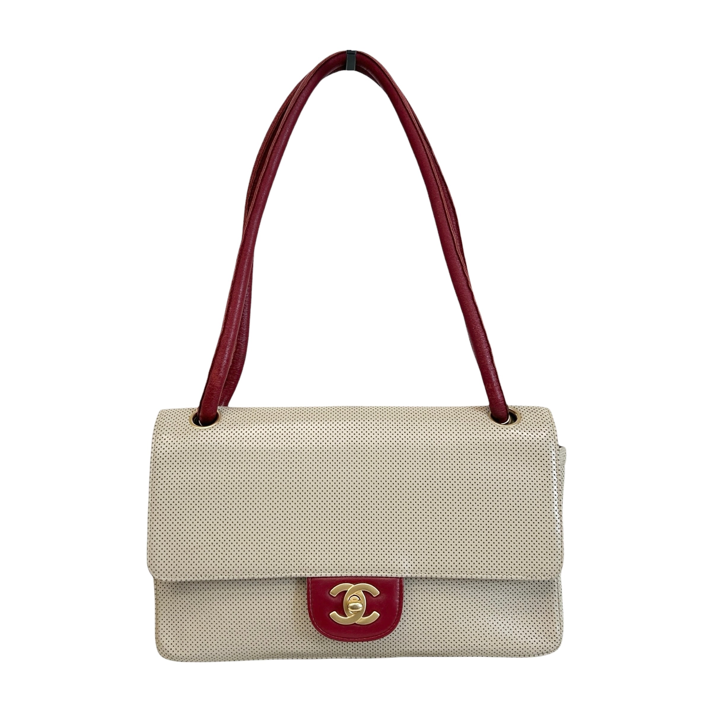 Beige Perforated Lambskin Leather Single Flap Bag w/GHW