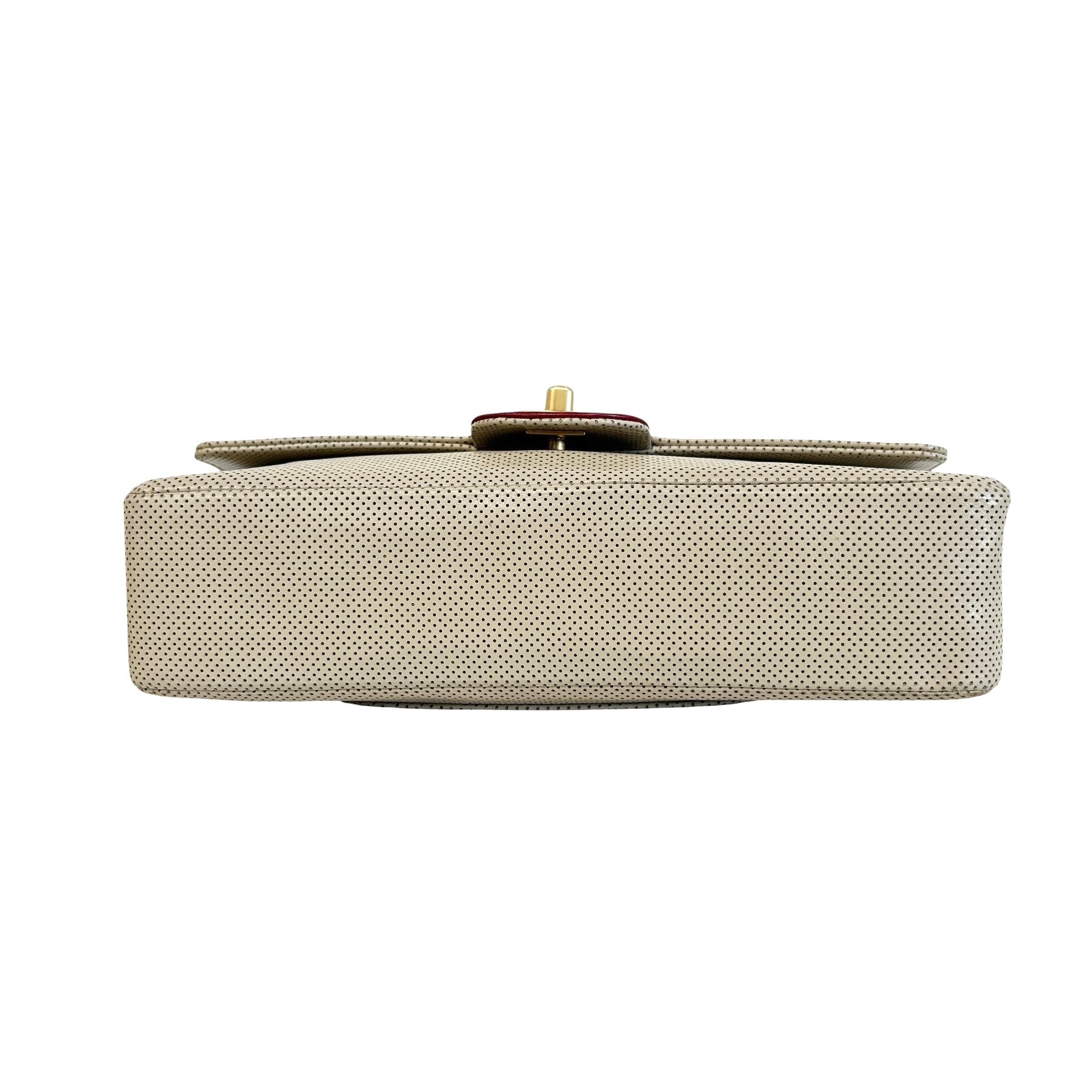Beige Perforated Lambskin Leather Single Flap Bag w/GHW