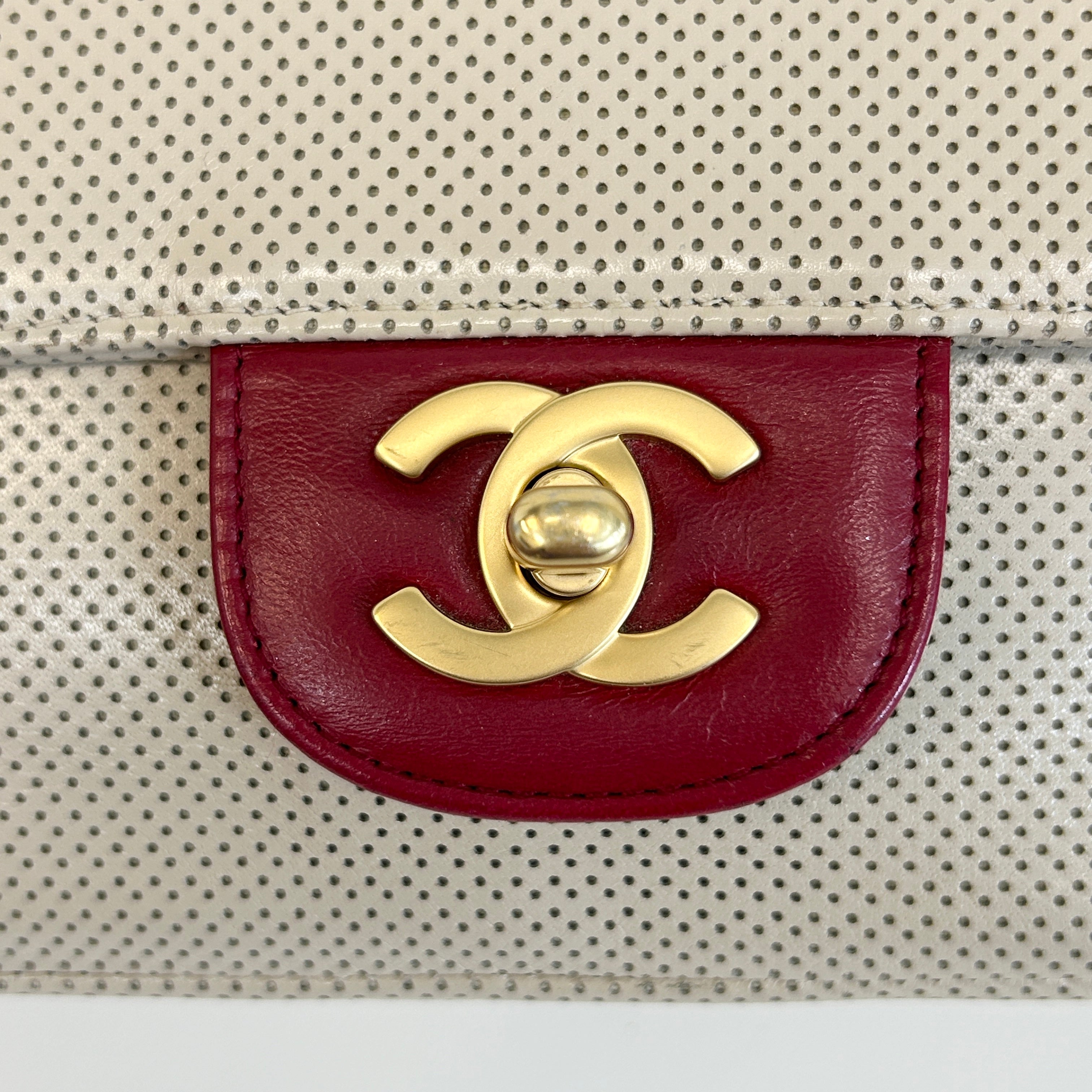 Beige Perforated Lambskin Leather Single Flap Bag w/GHW