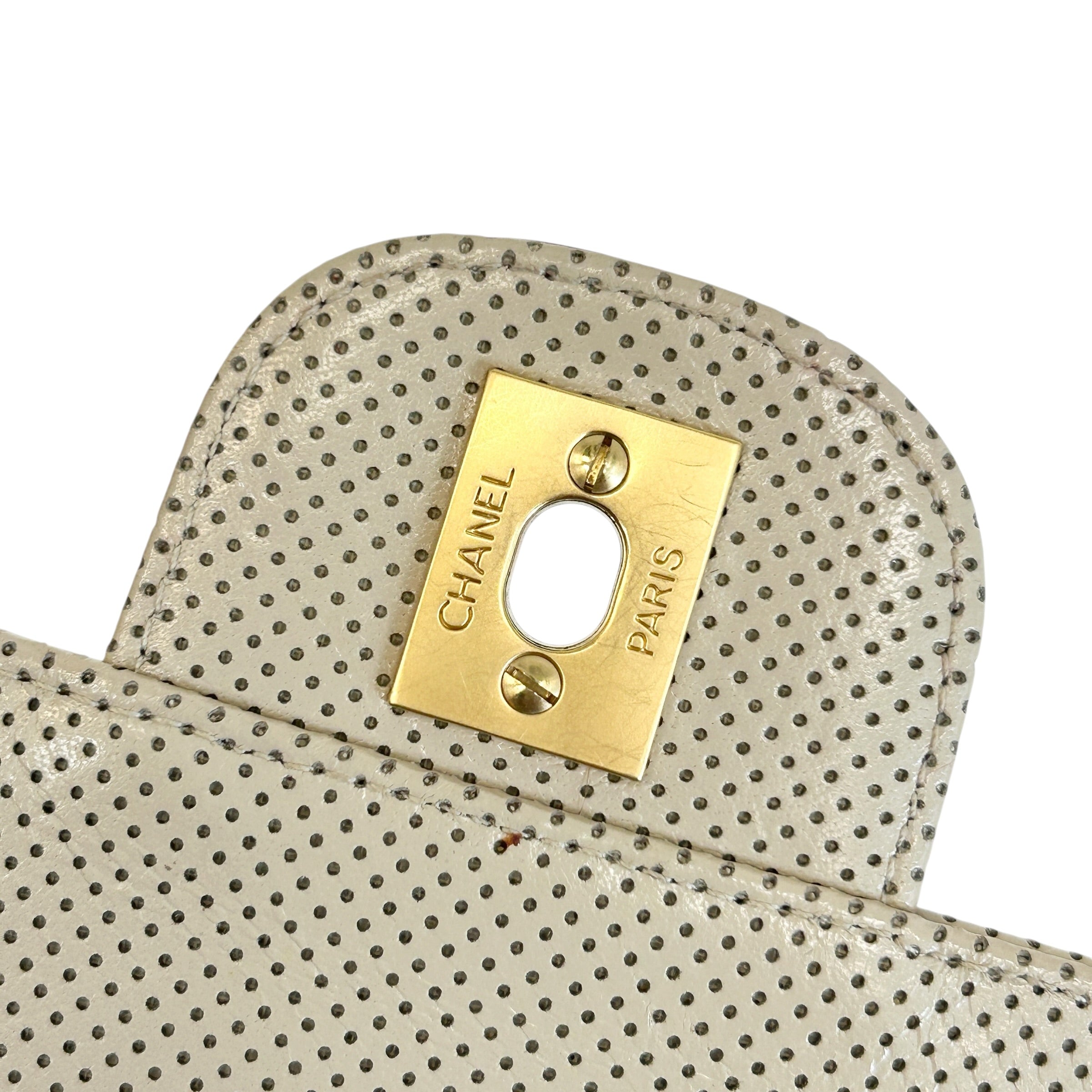 Beige Perforated Lambskin Leather Single Flap Bag w/GHW