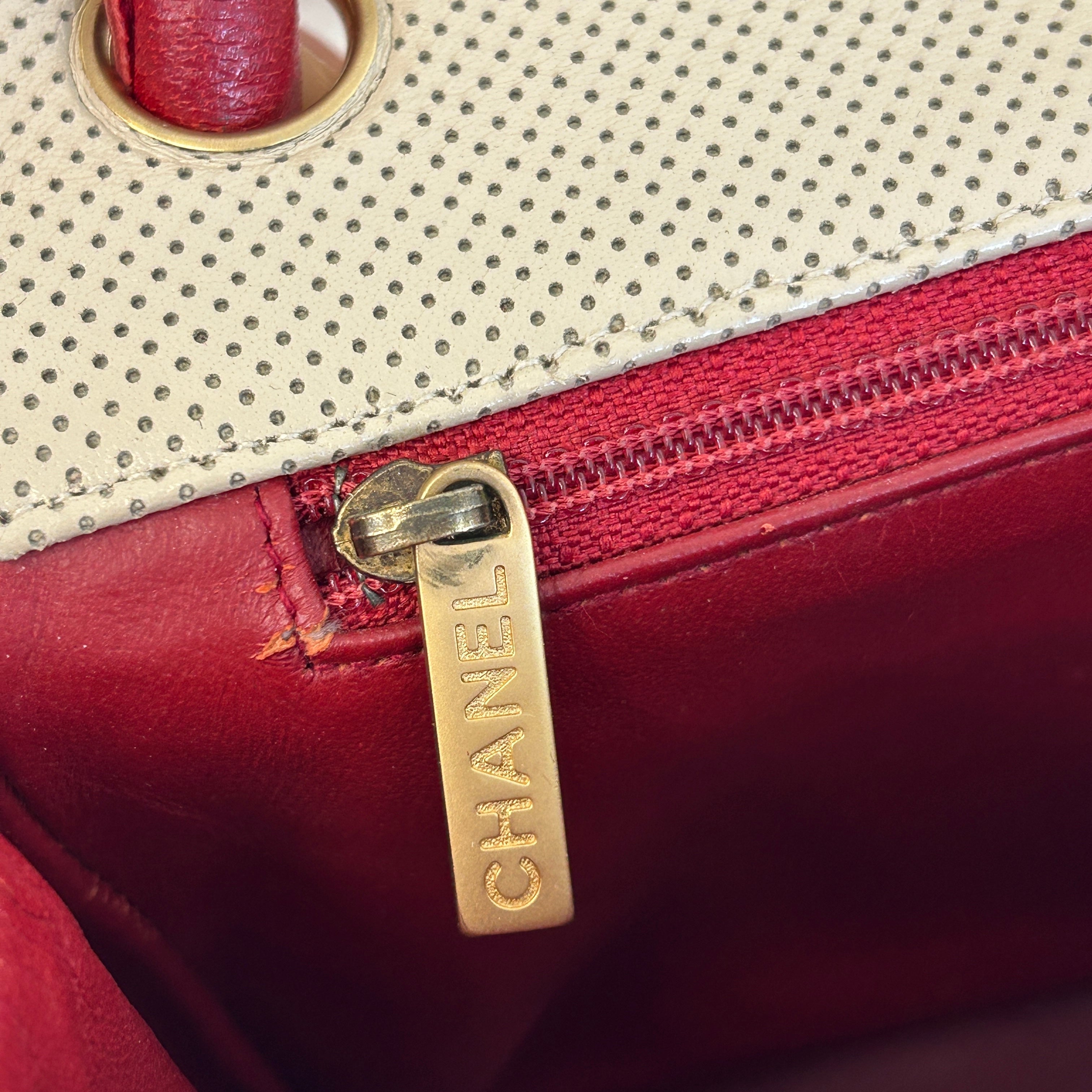 Beige Perforated Lambskin Leather Single Flap Bag w/GHW