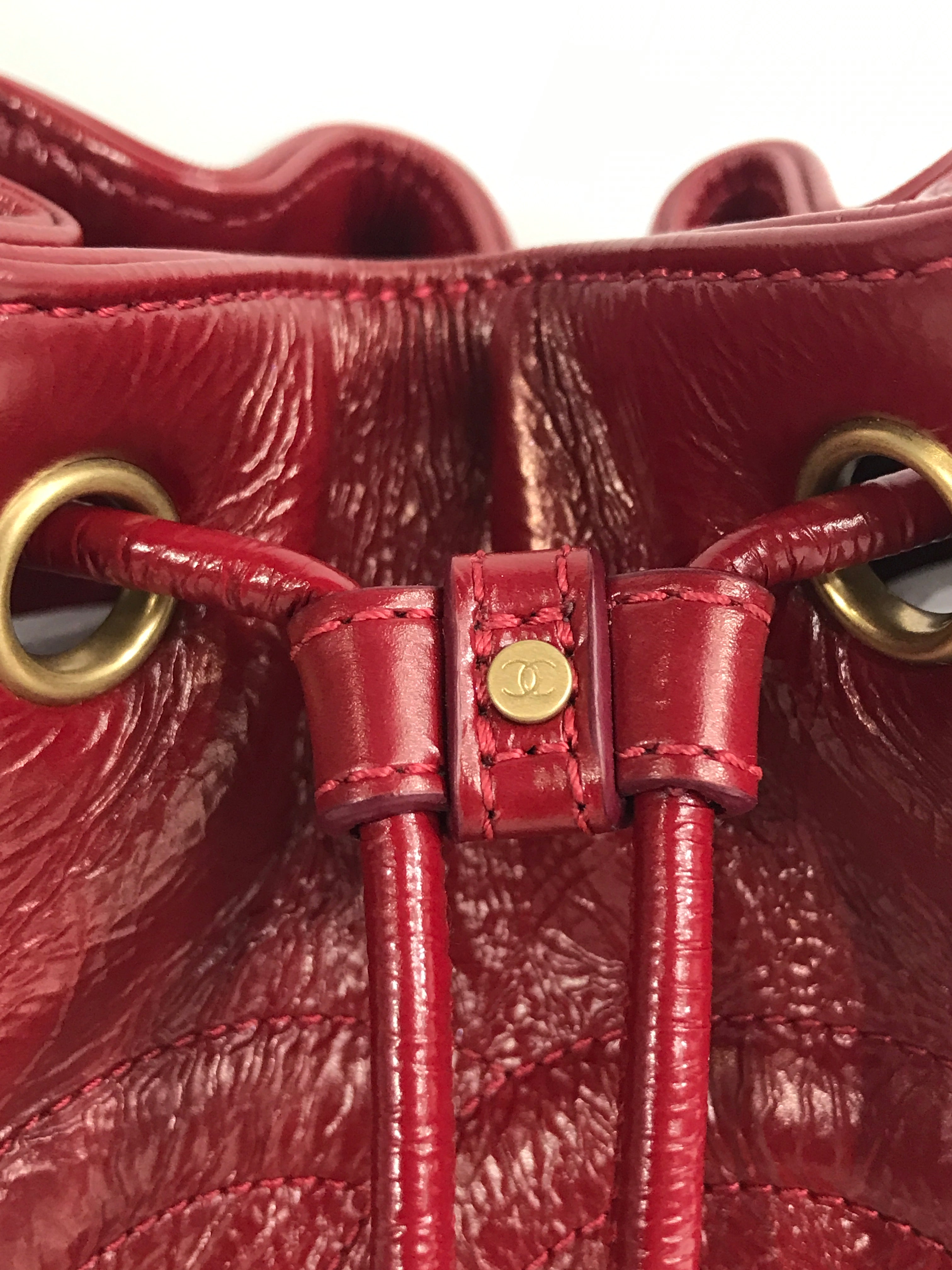 Red Shiny Aged Calfskin Leather Mini Bucket Bag w/AGHW Chain