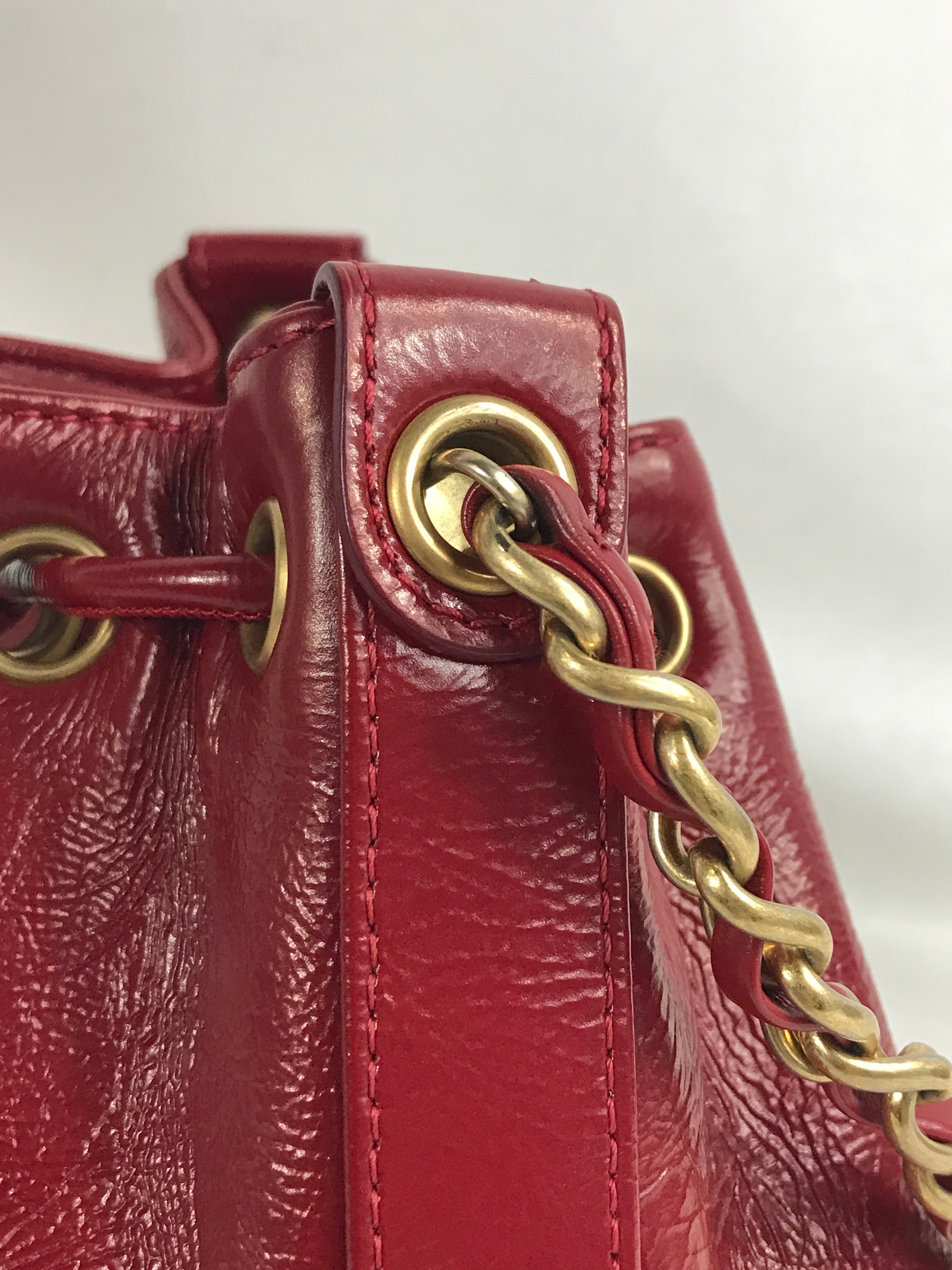 Red Shiny Aged Calfskin Leather Mini Bucket Bag w/AGHW Chain