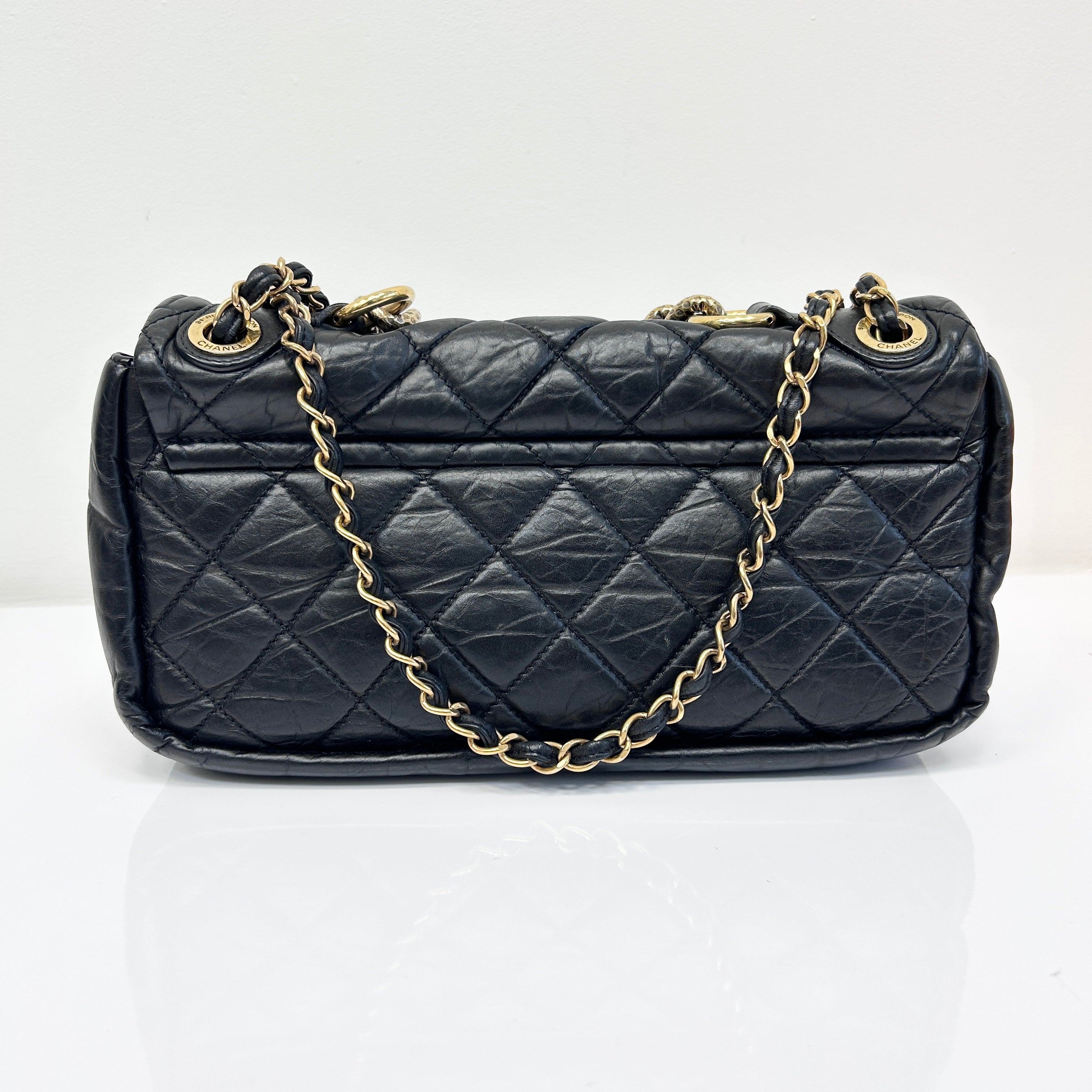Black Quilted Aged Calfskin Quilted Medium Pondichery Flap Bag w/GHW