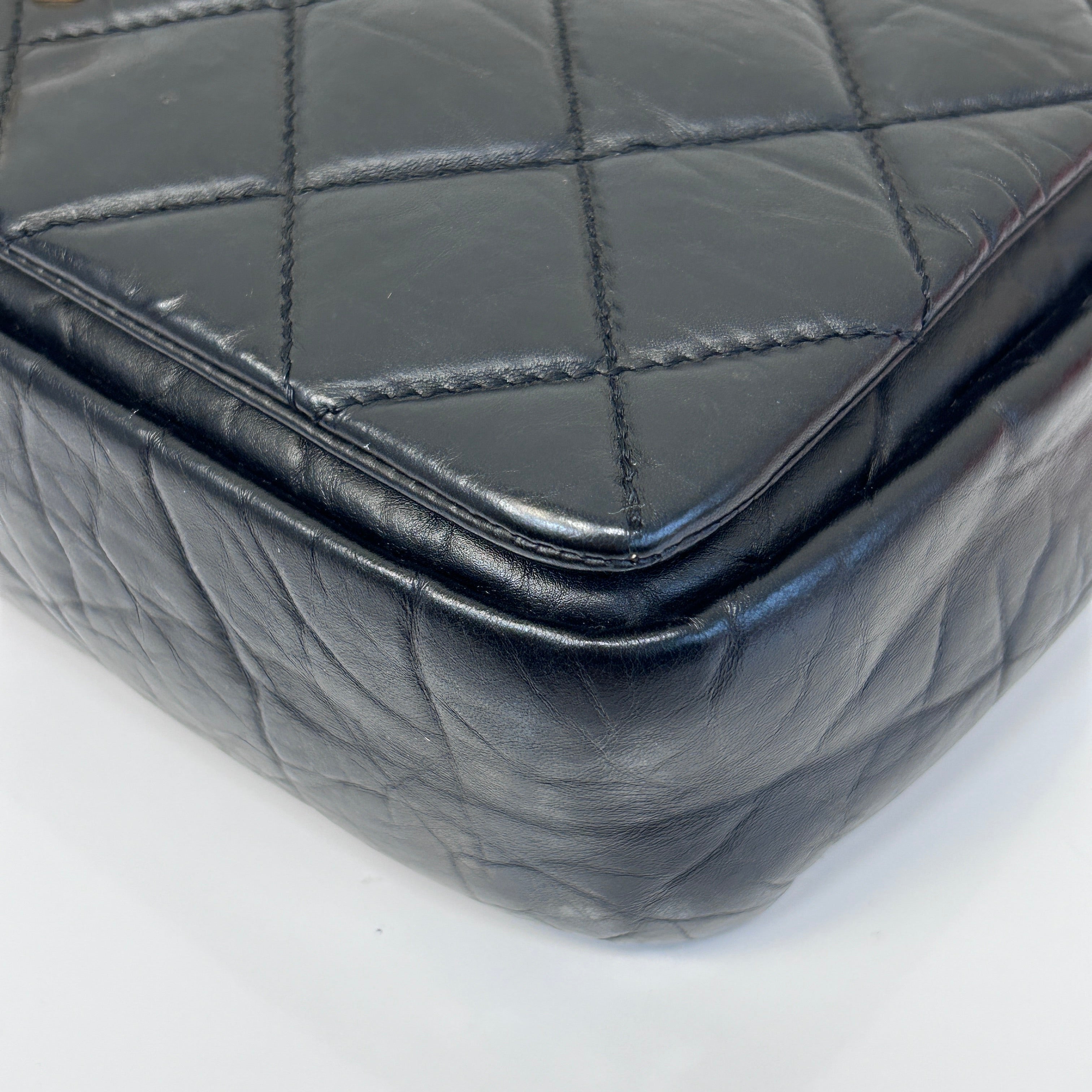 Black Quilted Aged Calfskin Quilted Medium Pondichery Flap Bag w/GHW