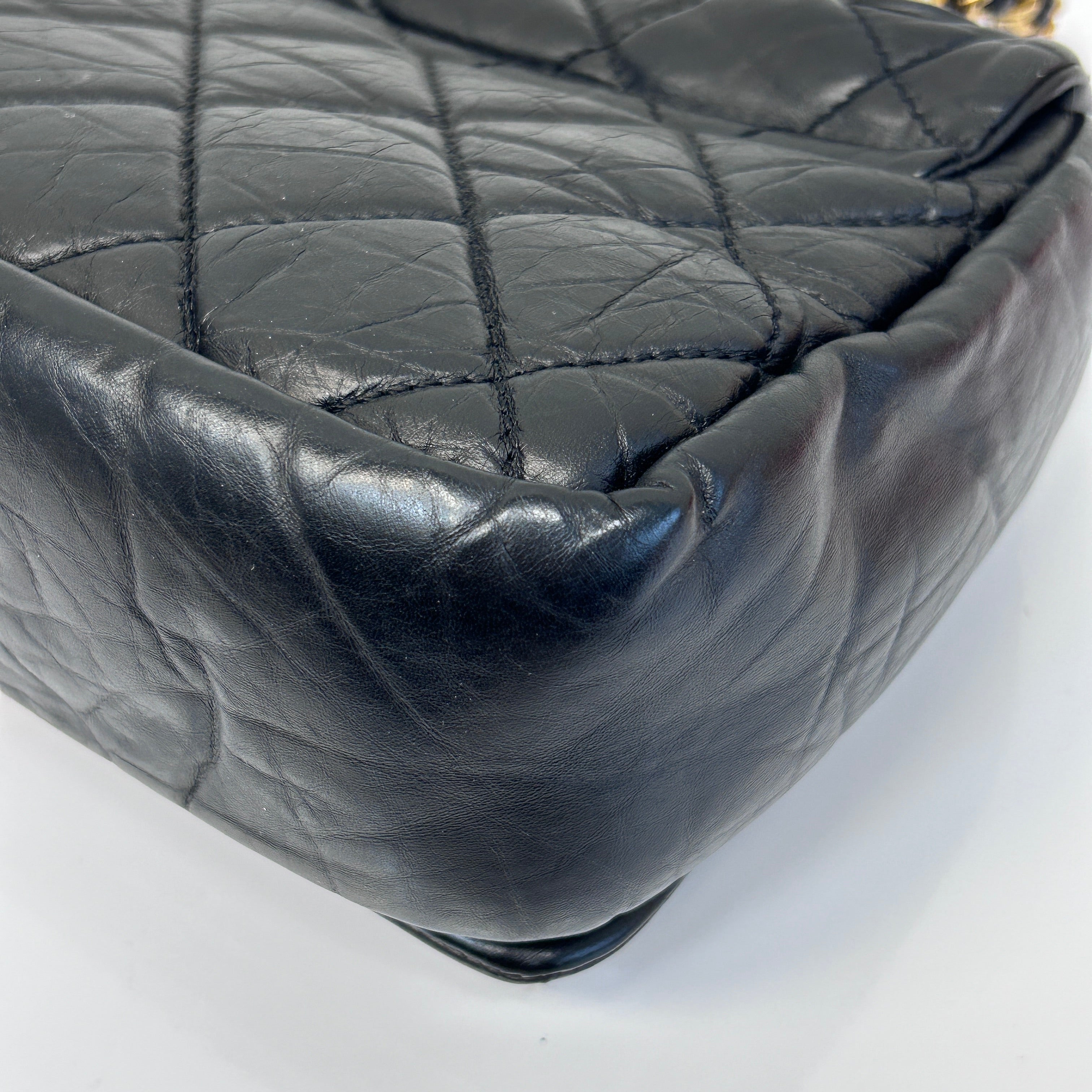 Black Quilted Aged Calfskin Quilted Medium Pondichery Flap Bag w/GHW