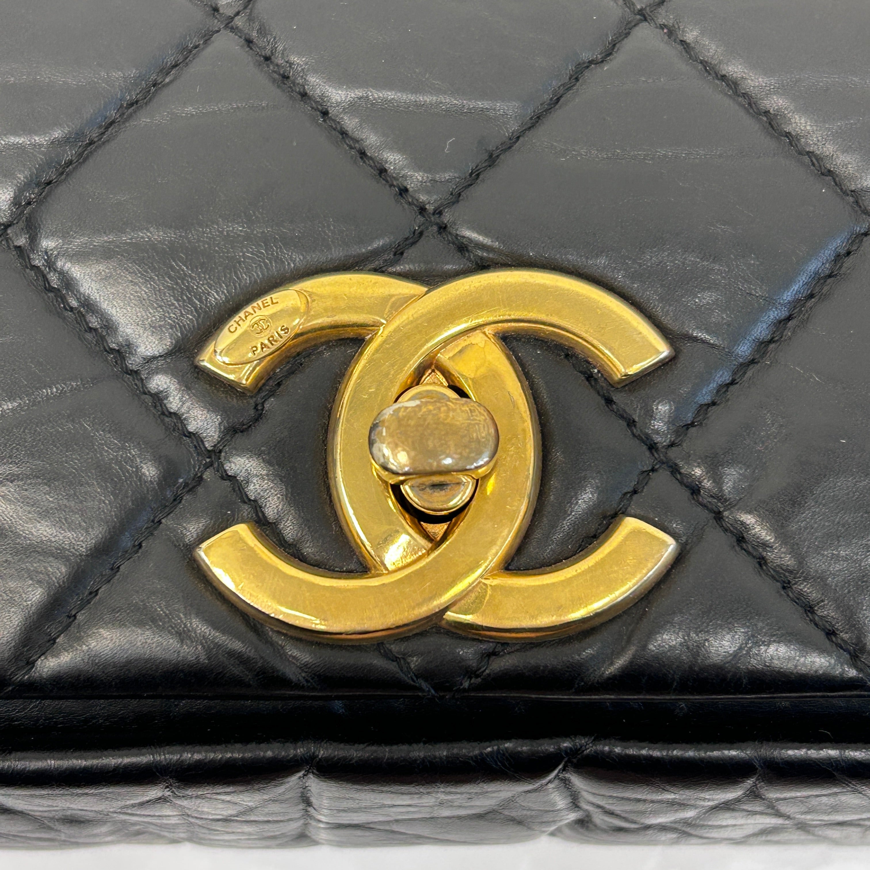 Black Quilted Aged Calfskin Quilted Medium Pondichery Flap Bag w/GHW