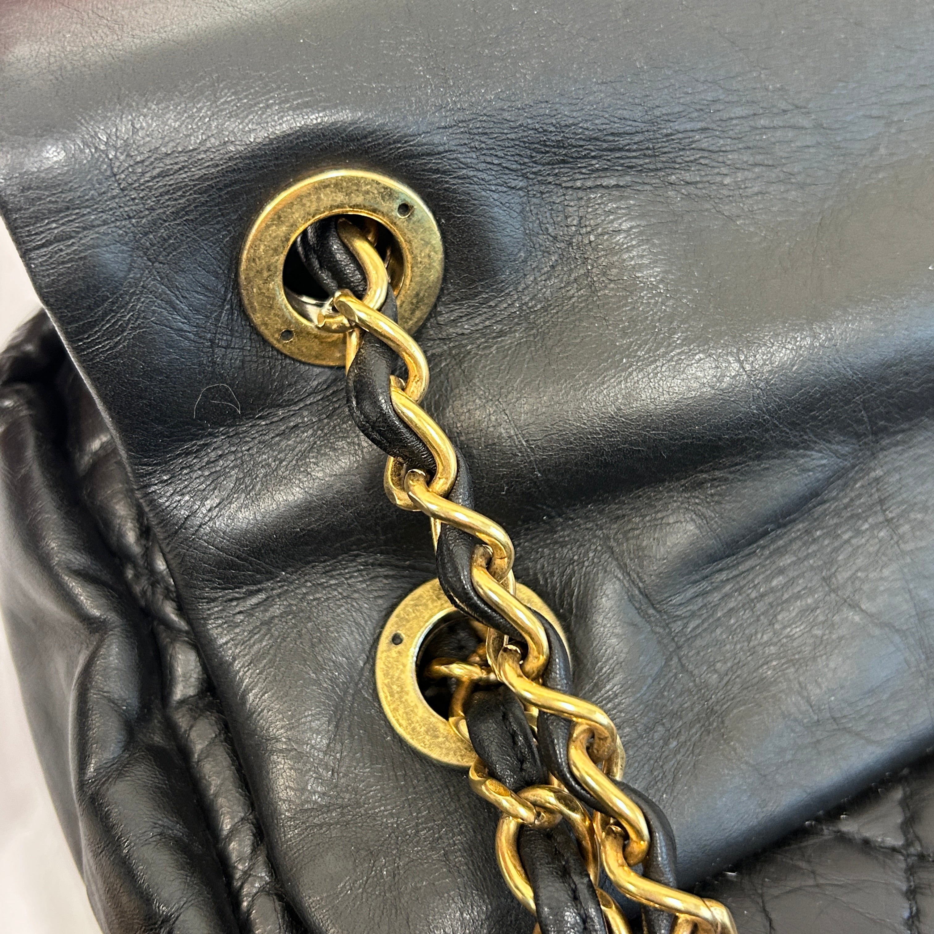 Black Quilted Aged Calfskin Quilted Medium Pondichery Flap Bag w/GHW