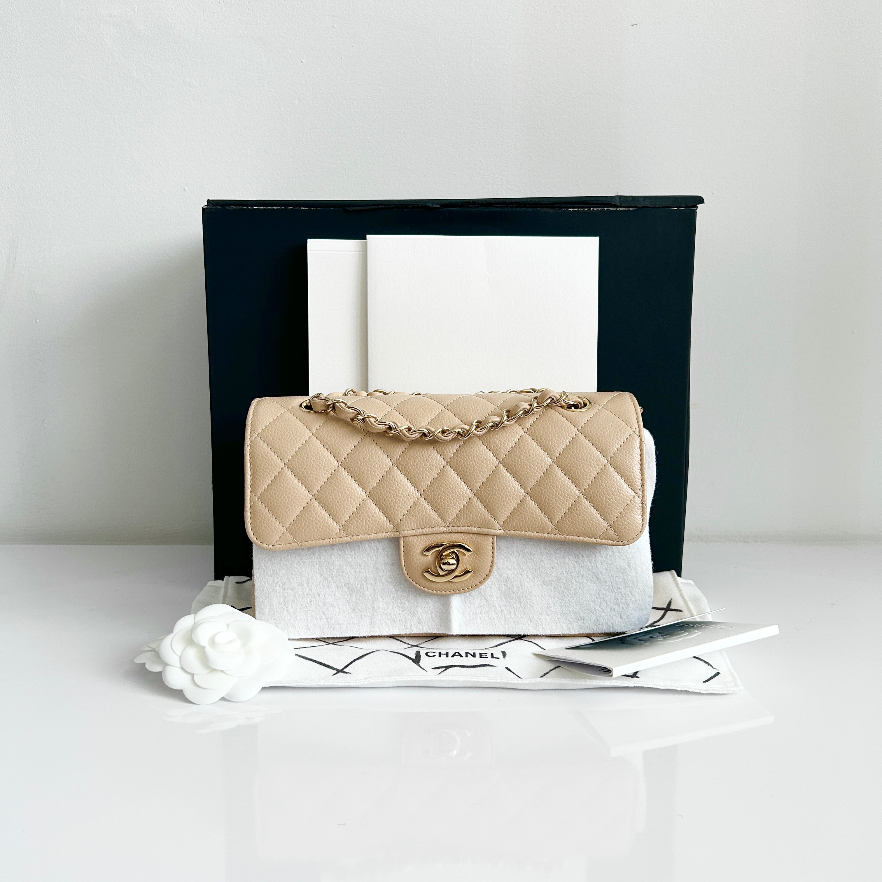Light Beige Quilted Caviar Classic Small Double Flap Bag w/GHW