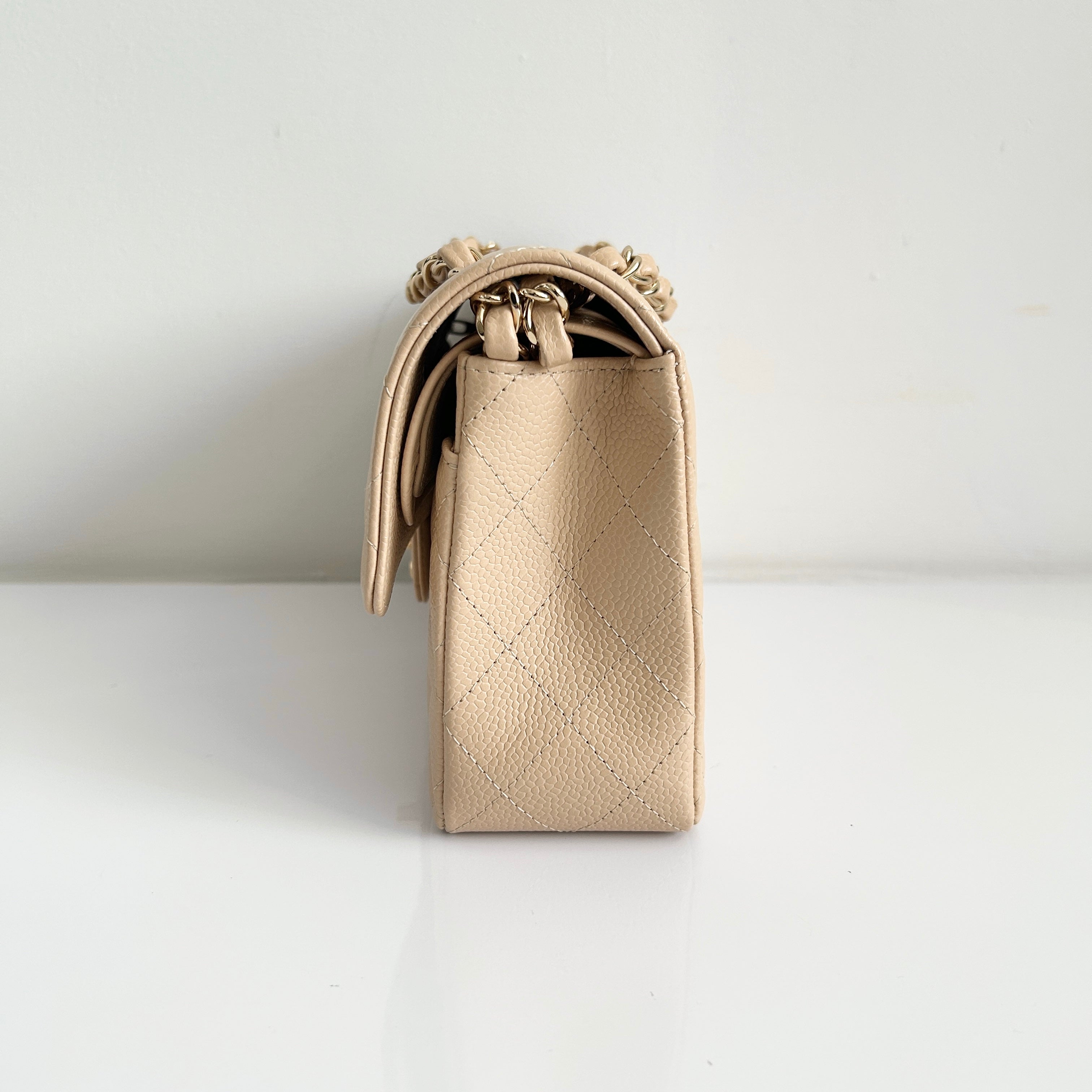 Light Beige Quilted Caviar Classic Small Double Flap Bag w/GHW
