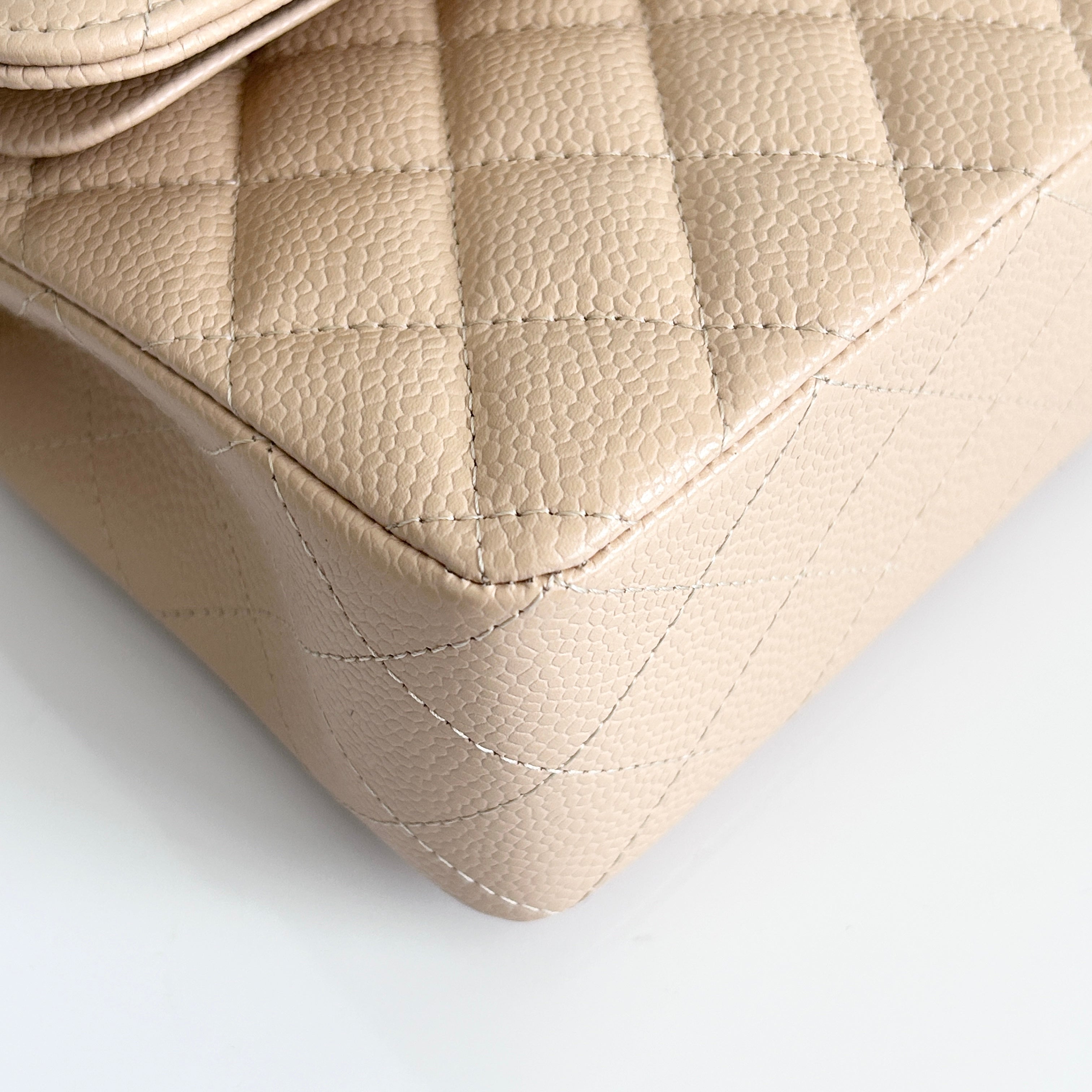 Light Beige Quilted Caviar Classic Small Double Flap Bag w/GHW