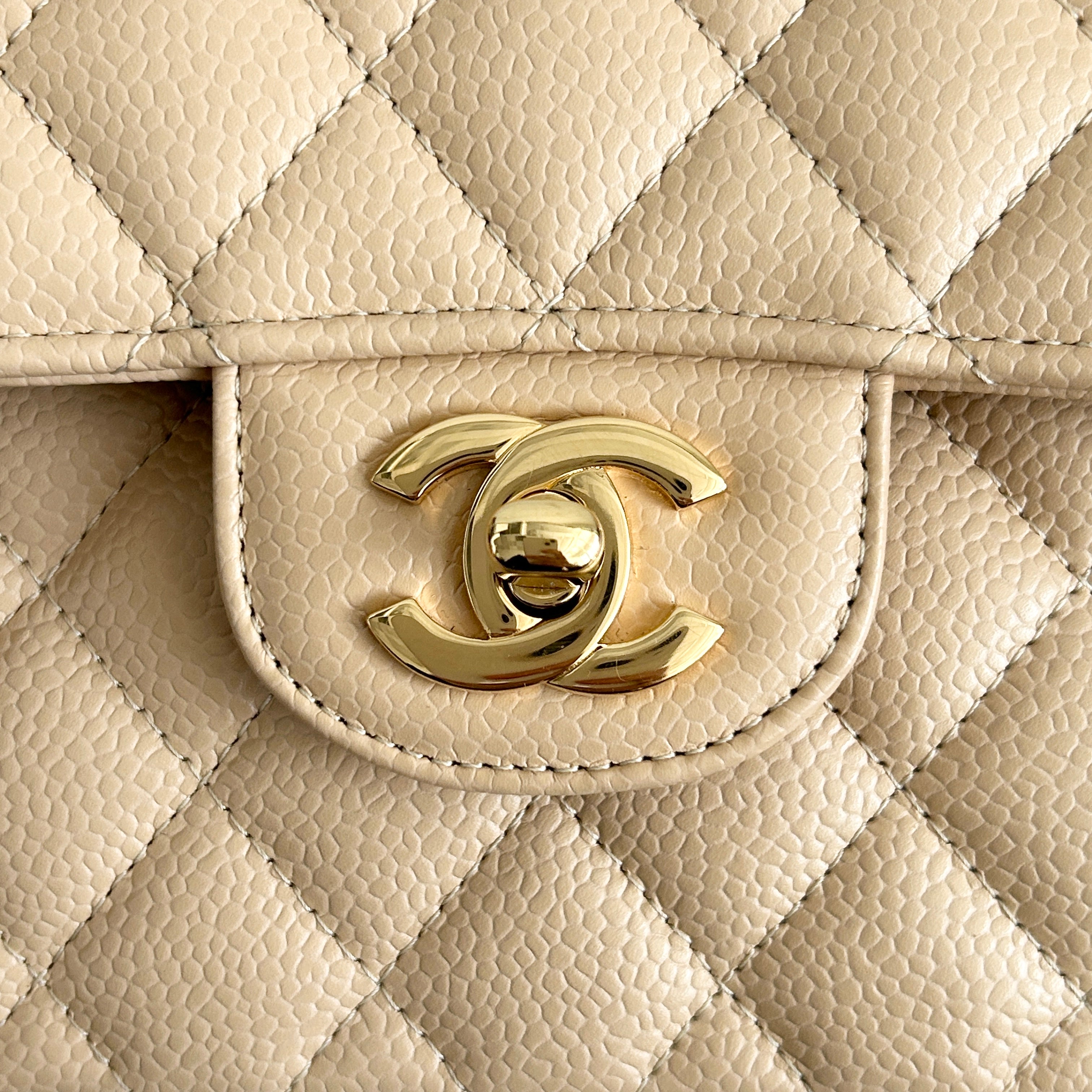 Light Beige Quilted Caviar Classic Small Double Flap Bag w/GHW