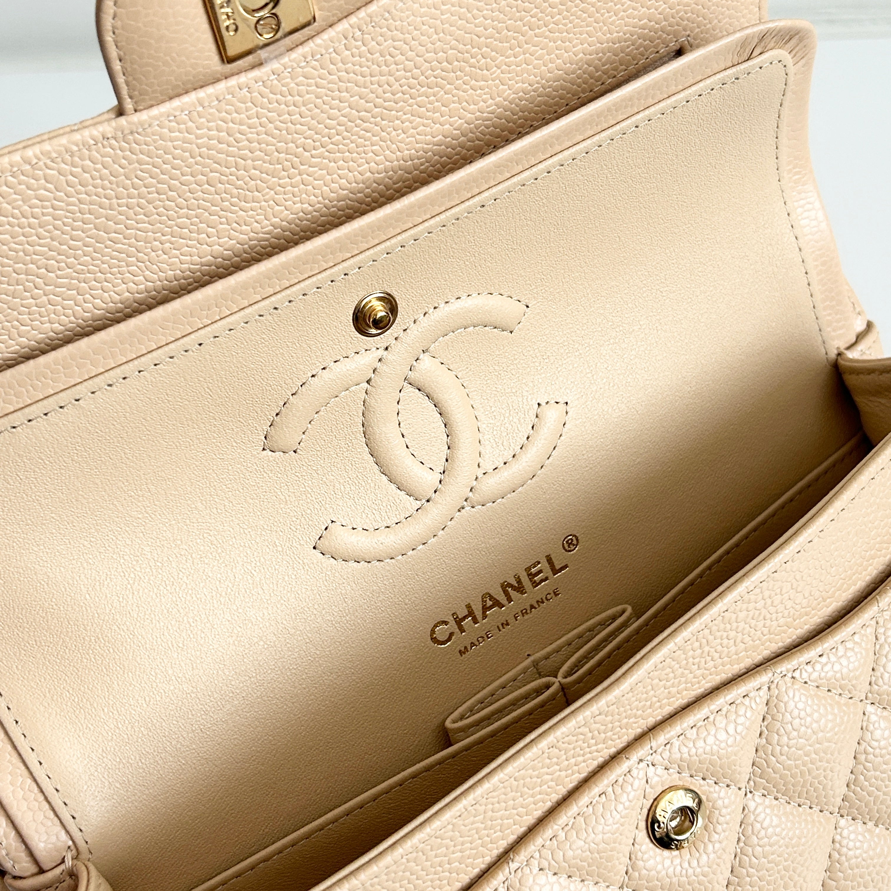 Light Beige Quilted Caviar Classic Small Double Flap Bag w/GHW
