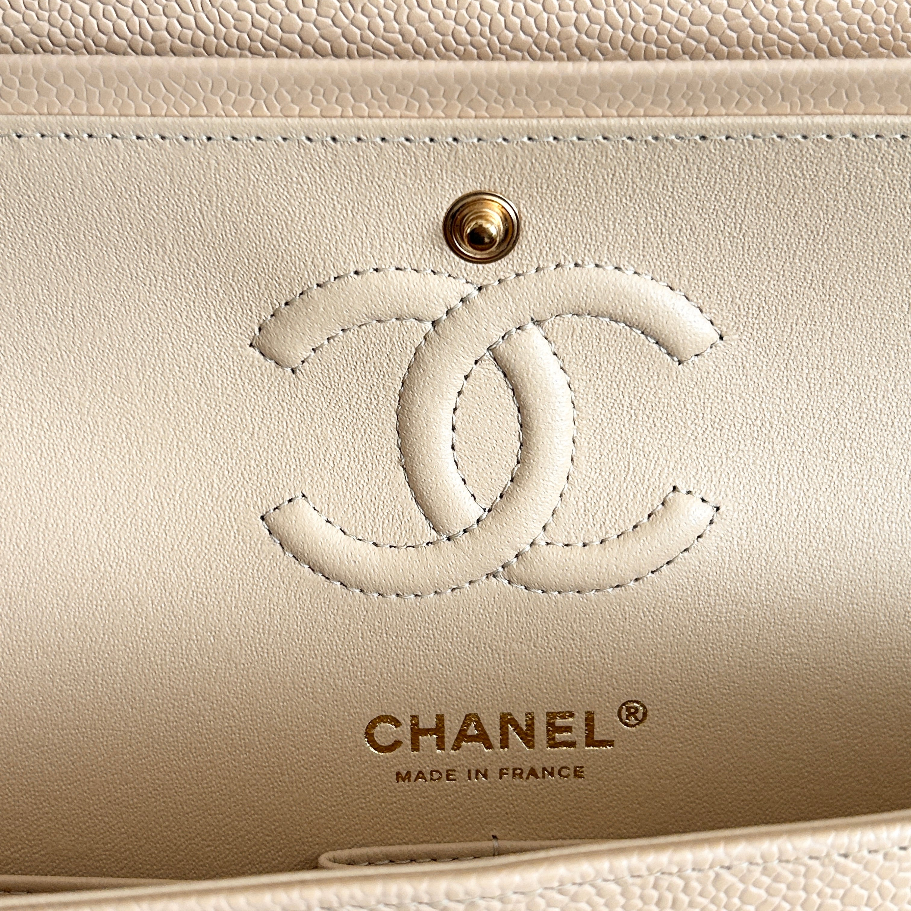 Light Beige Quilted Caviar Classic Small Double Flap Bag w/GHW