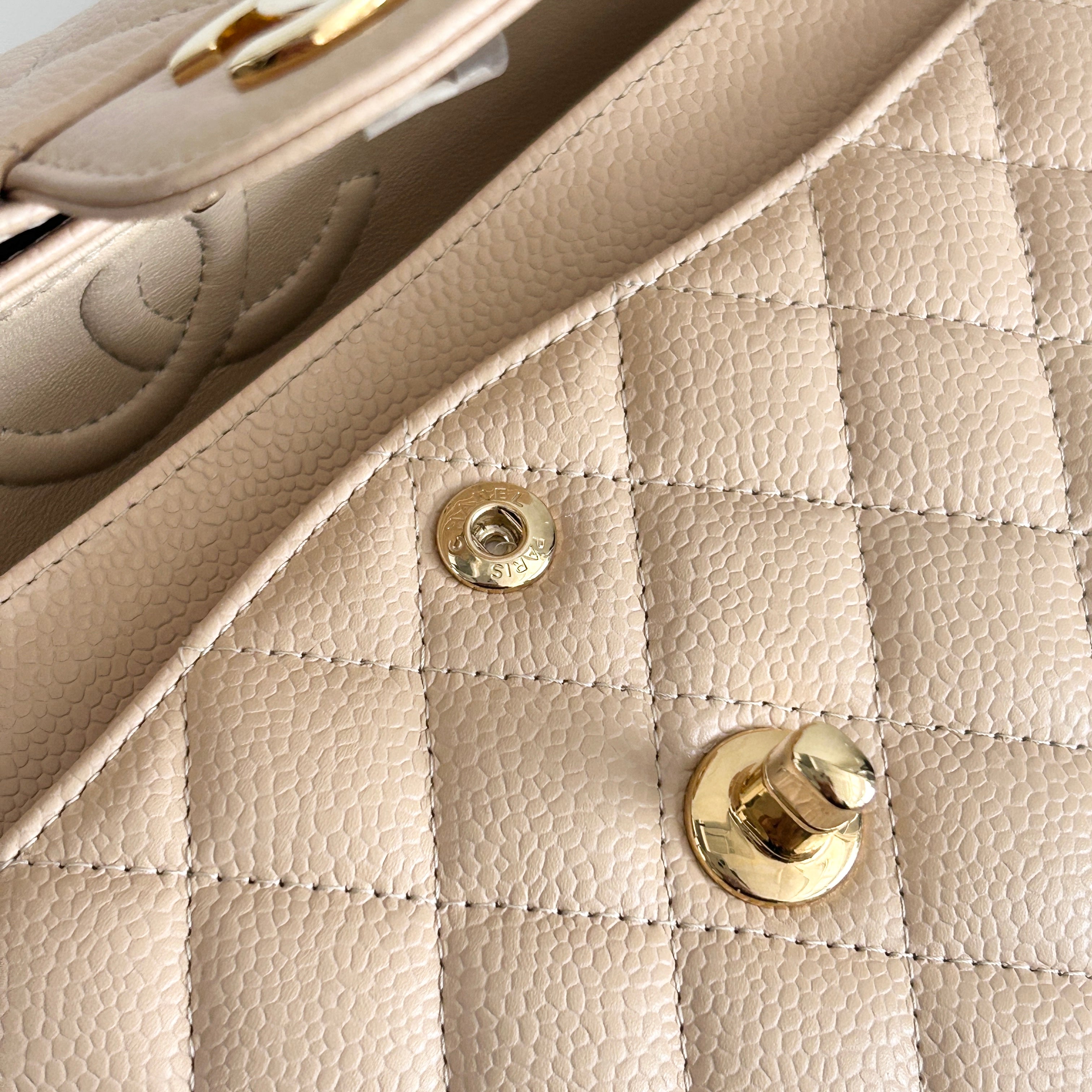 Light Beige Quilted Caviar Classic Small Double Flap Bag w/GHW