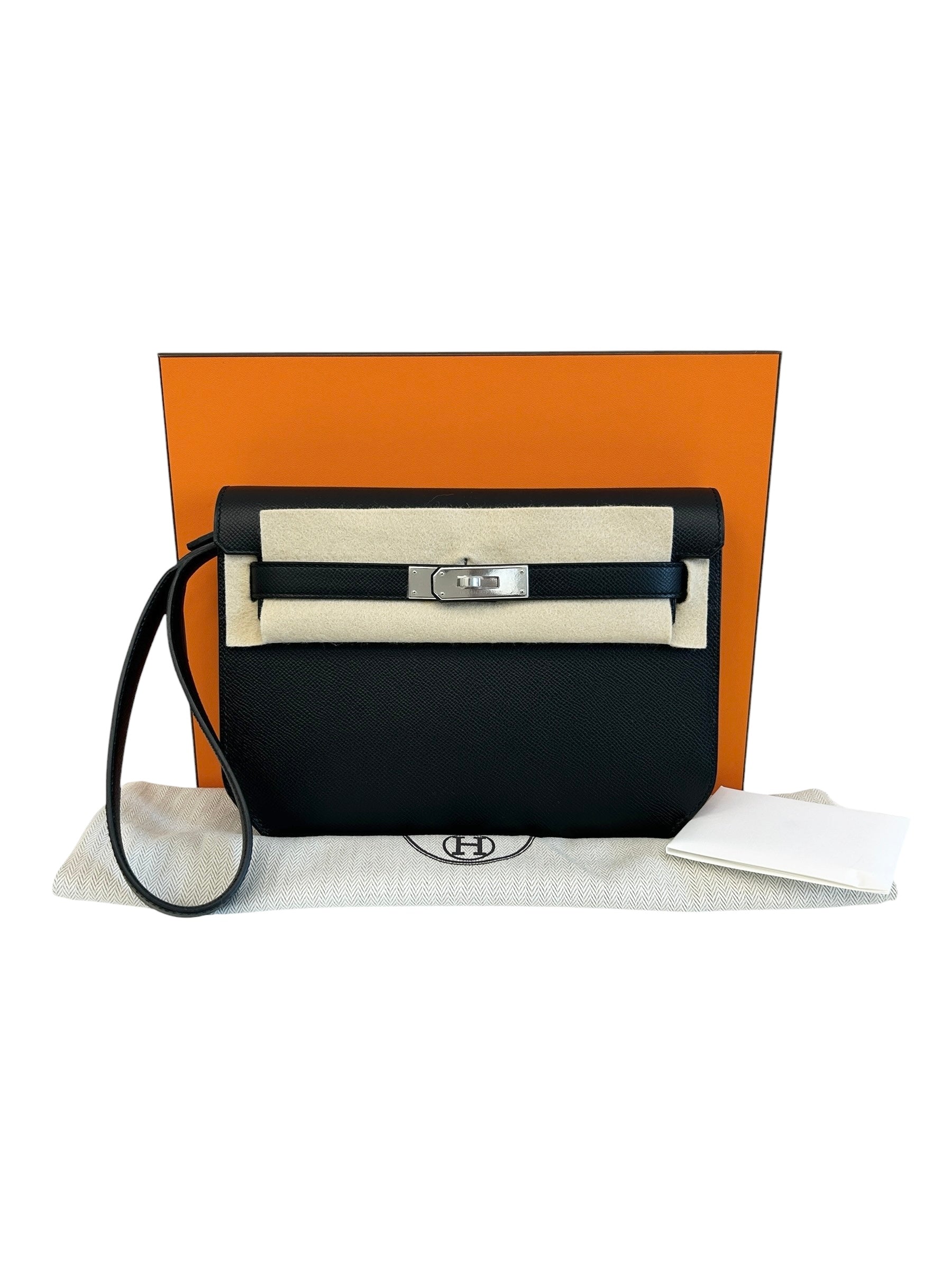 Black Epsom Leather Kelly Depeches 25 Clutch Bag w/PHW