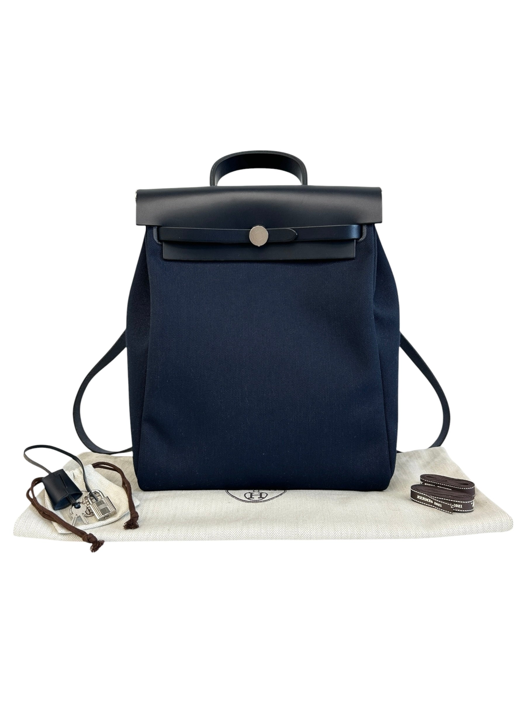 Navy Bleu Canvas/Vache Calfskin Leather Herbag PM 2-In-1 Backpack w/PHW