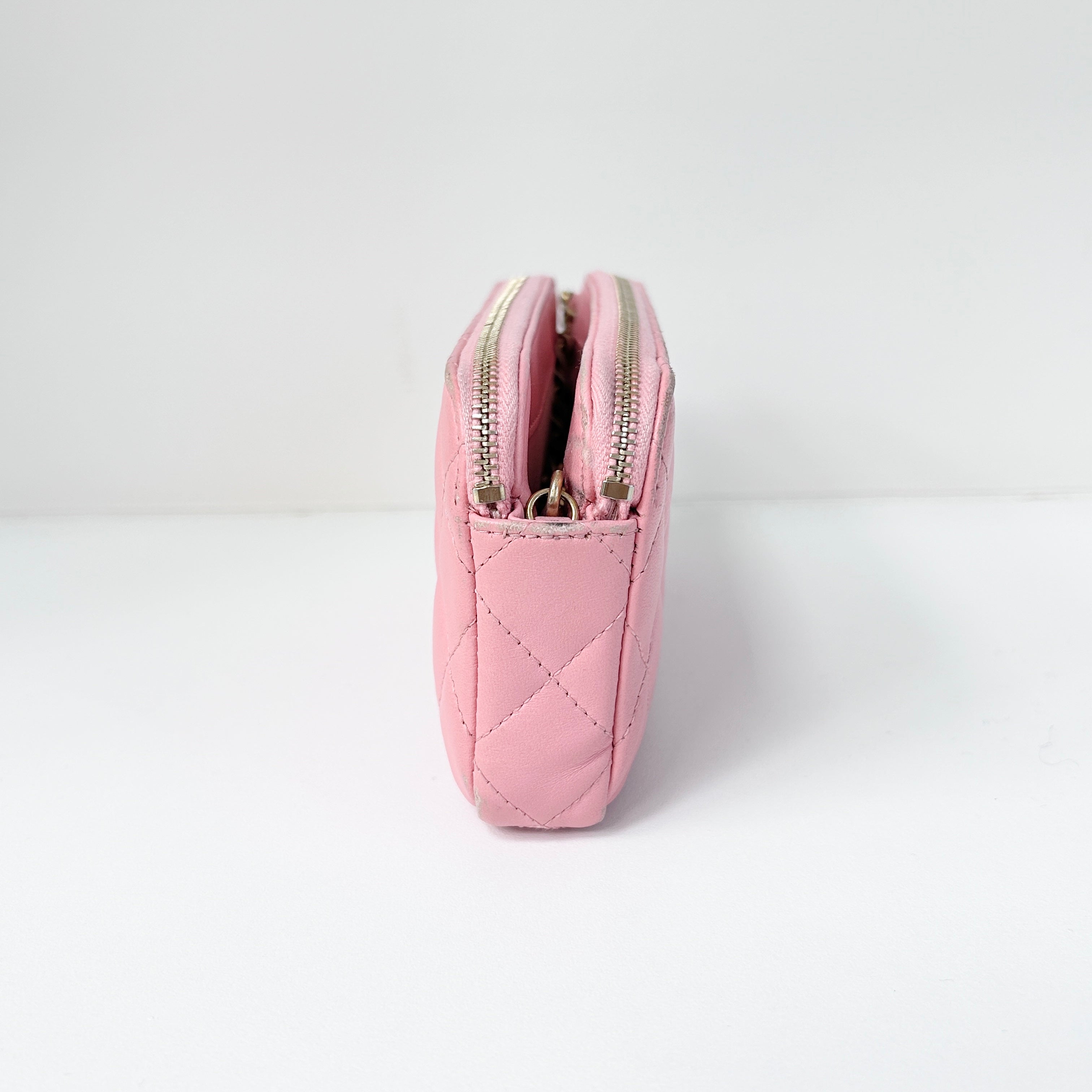 Light Pink Lambskin Quilted Double Zip Wallet on Chain w/LGHW