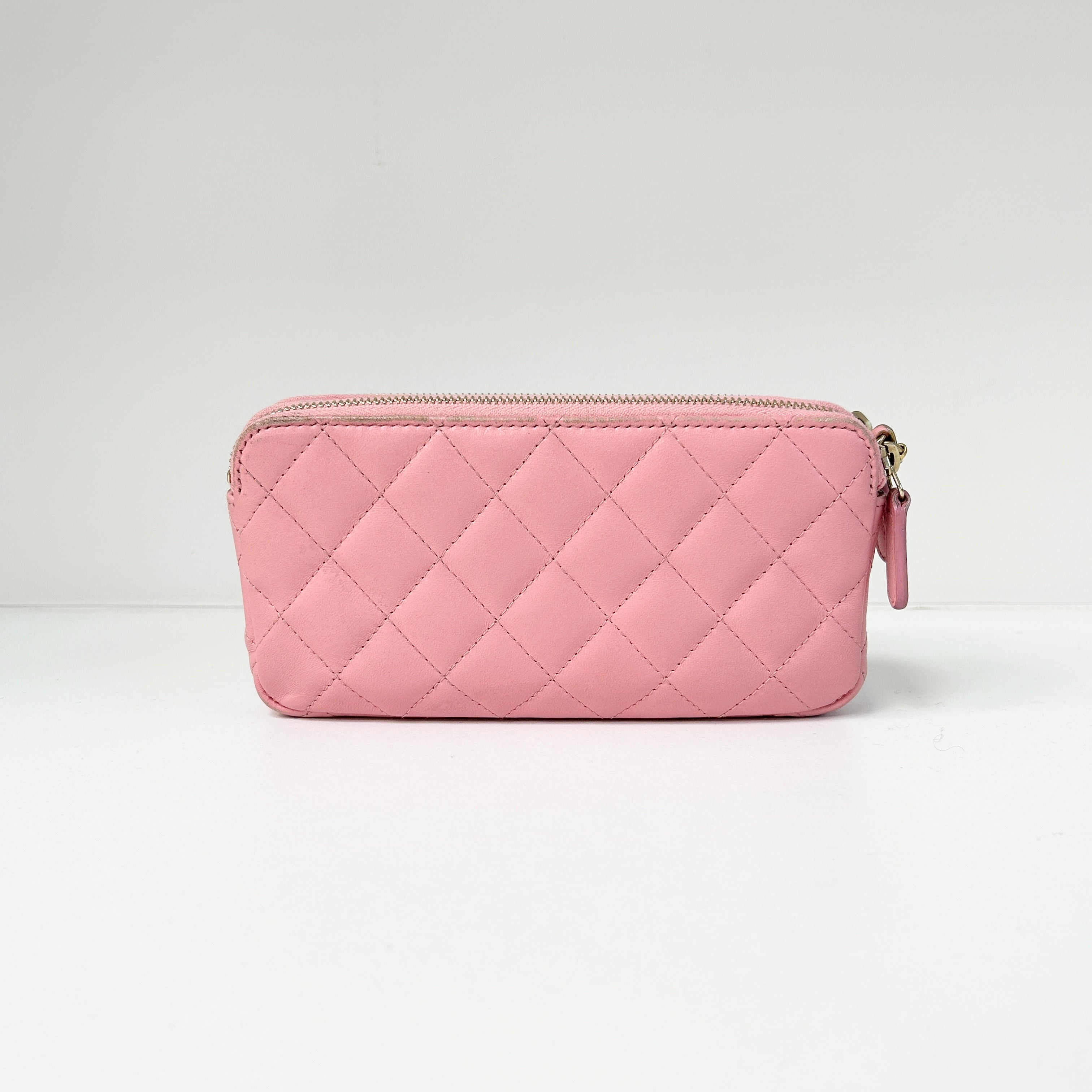 Light Pink Lambskin Quilted Double Zip Wallet on Chain w/LGHW