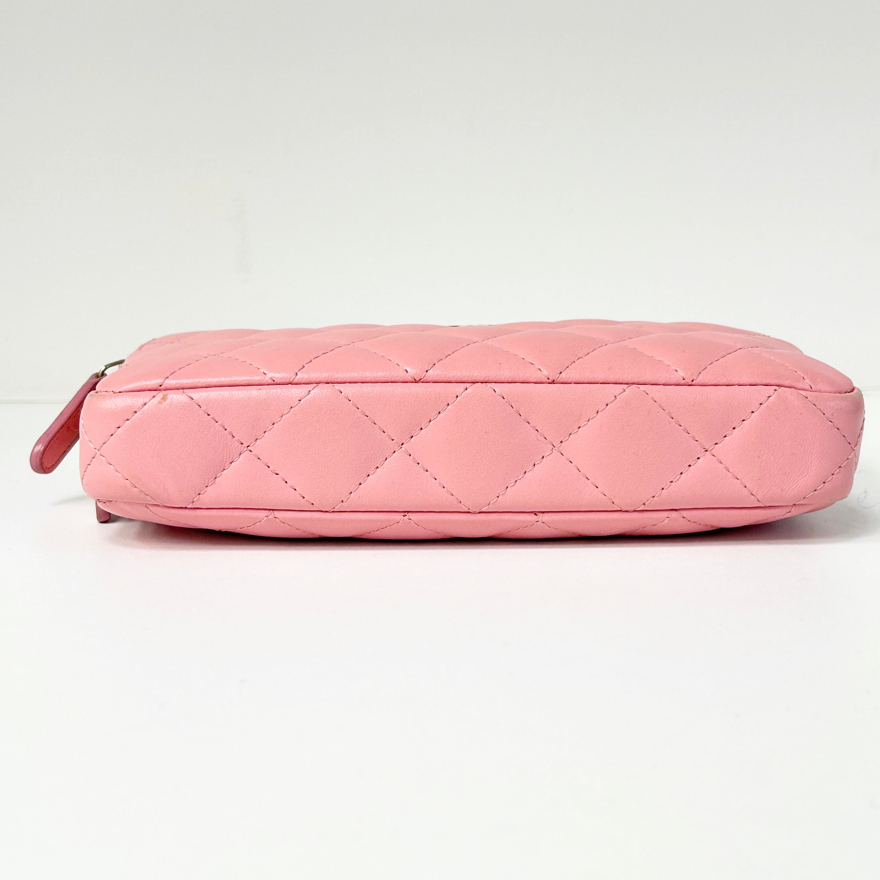 Light Pink Lambskin Quilted Double Zip Wallet on Chain w/LGHW