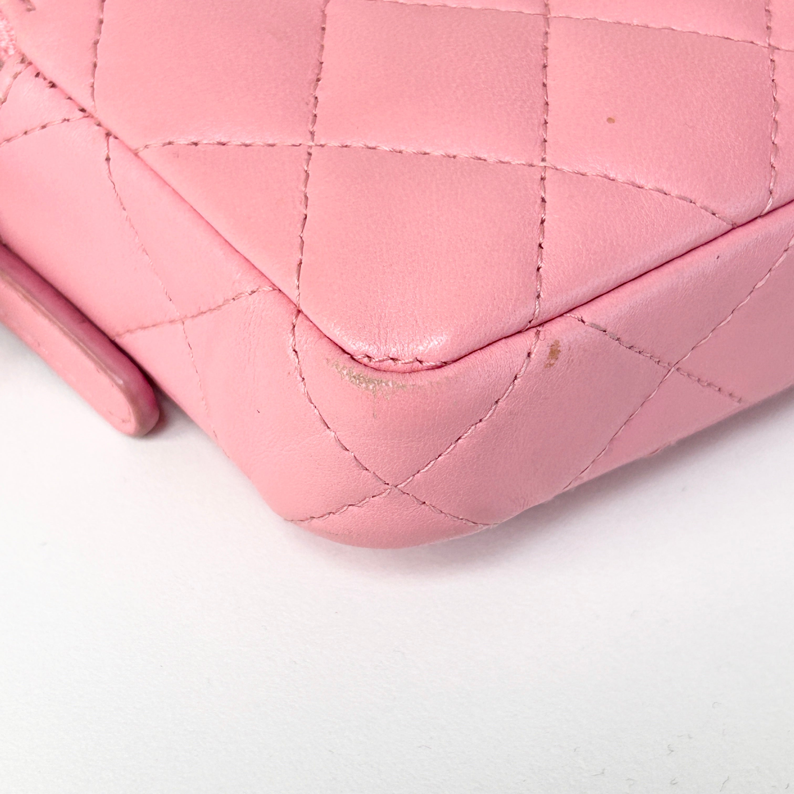 Light Pink Lambskin Quilted Double Zip Wallet on Chain w/LGHW