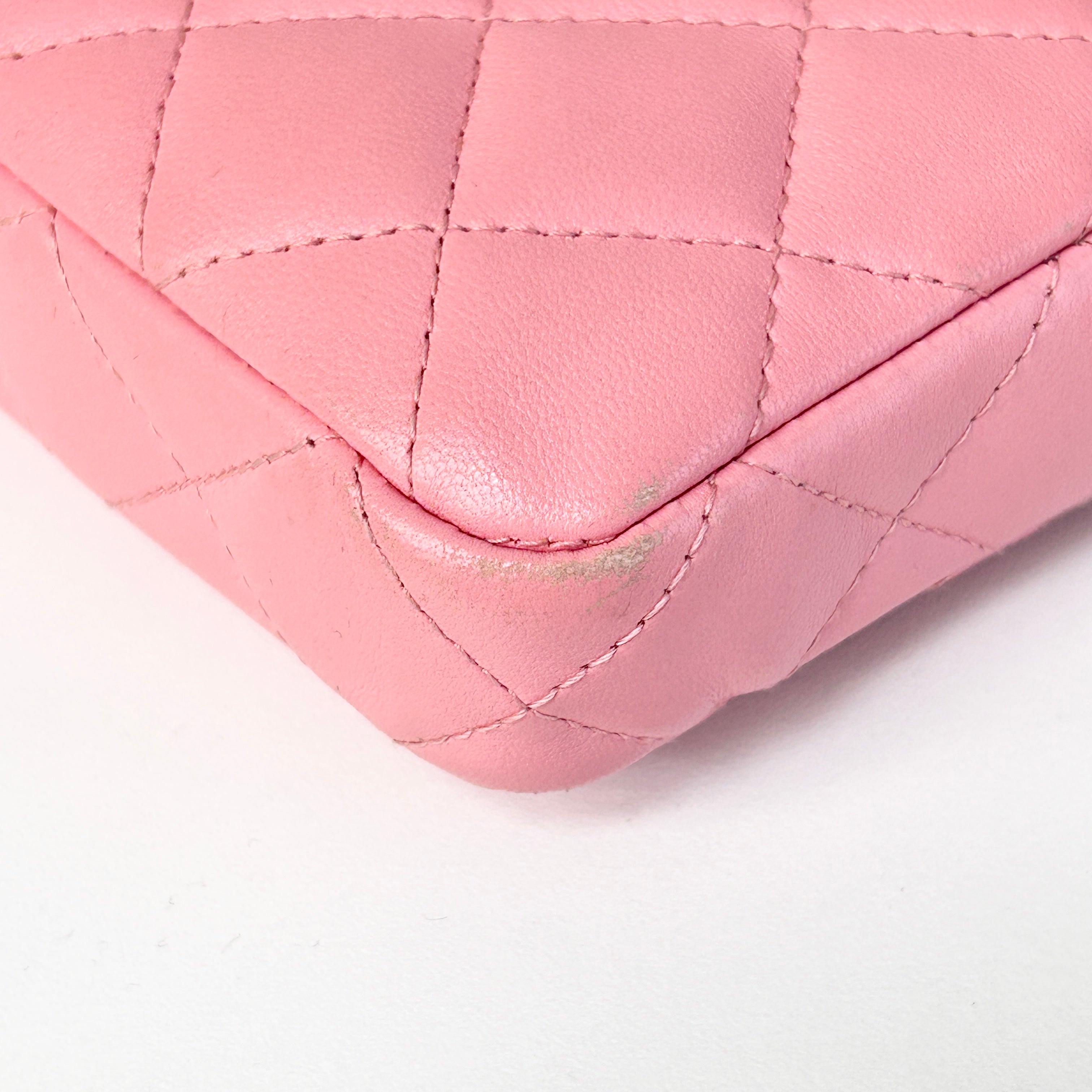 Light Pink Lambskin Quilted Double Zip Wallet on Chain w/LGHW