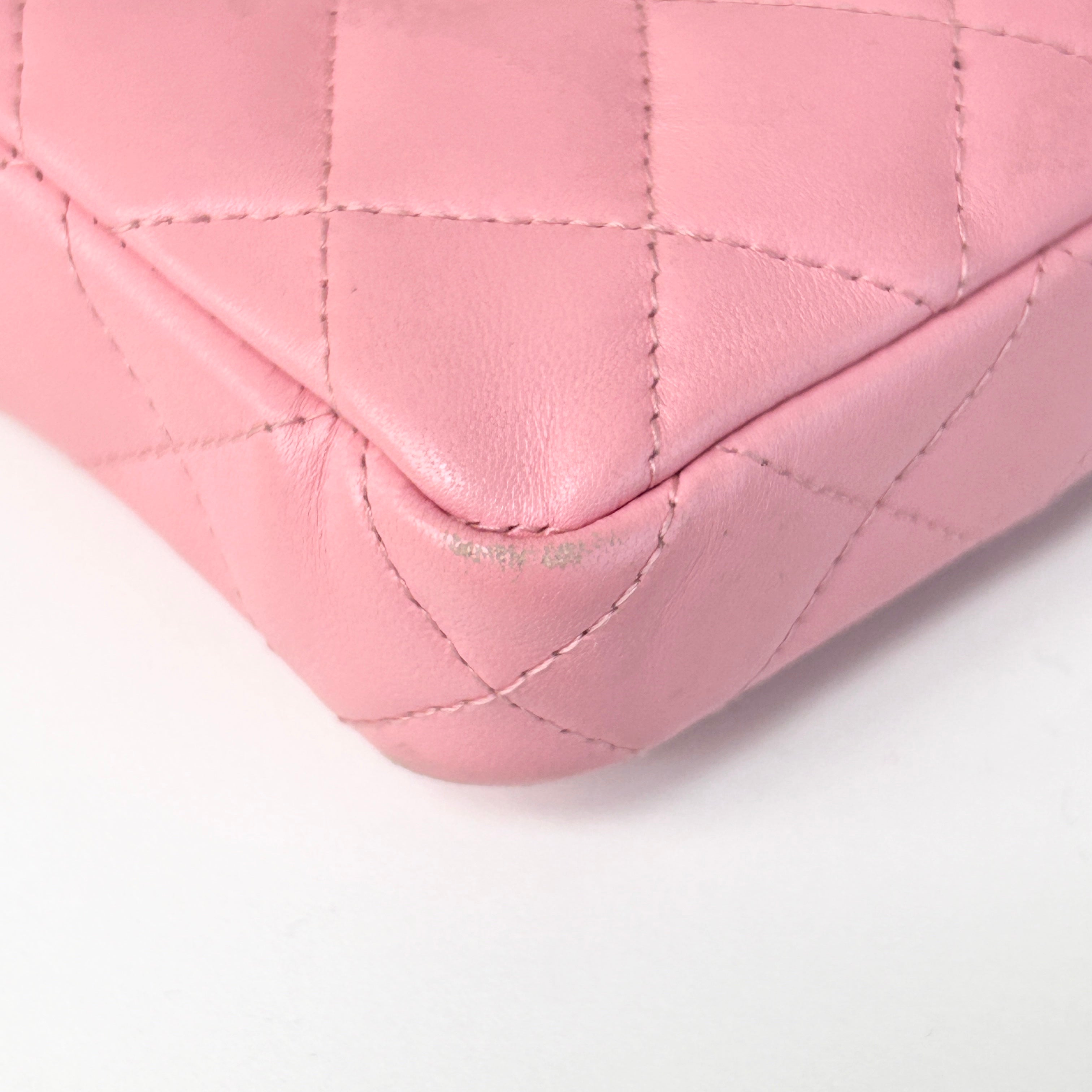Light Pink Lambskin Quilted Double Zip Wallet on Chain w/LGHW