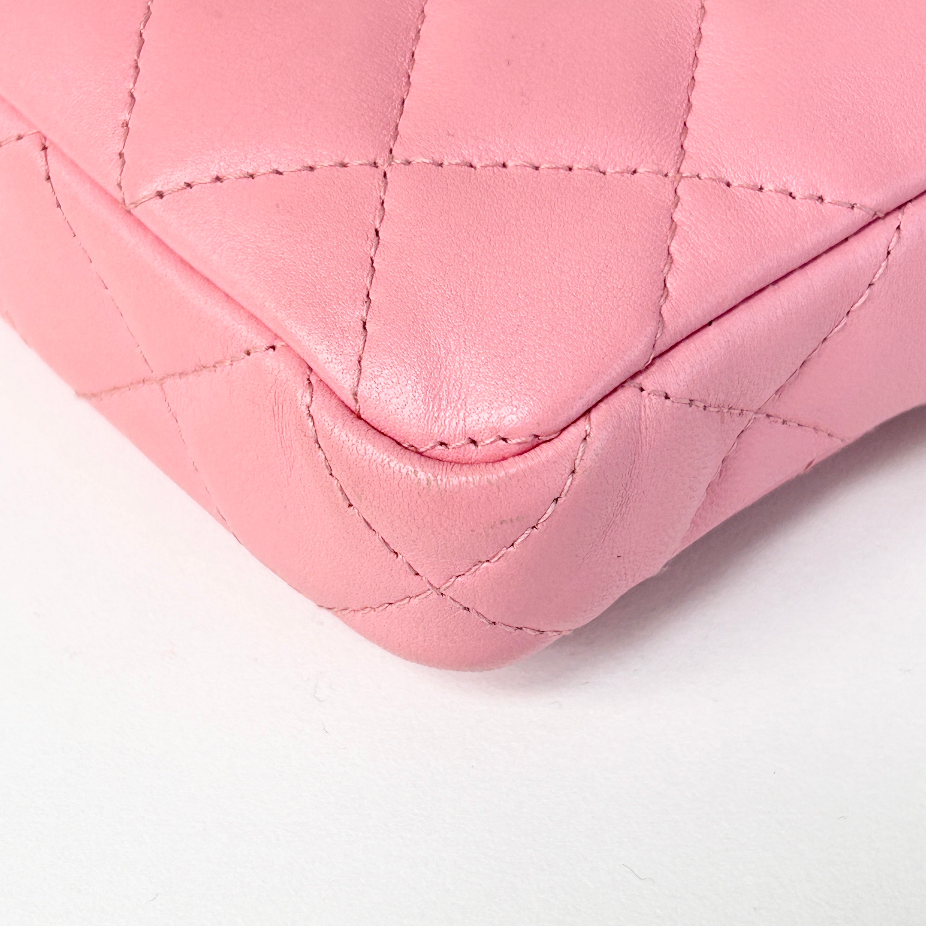 Light Pink Lambskin Quilted Double Zip Wallet on Chain w/LGHW