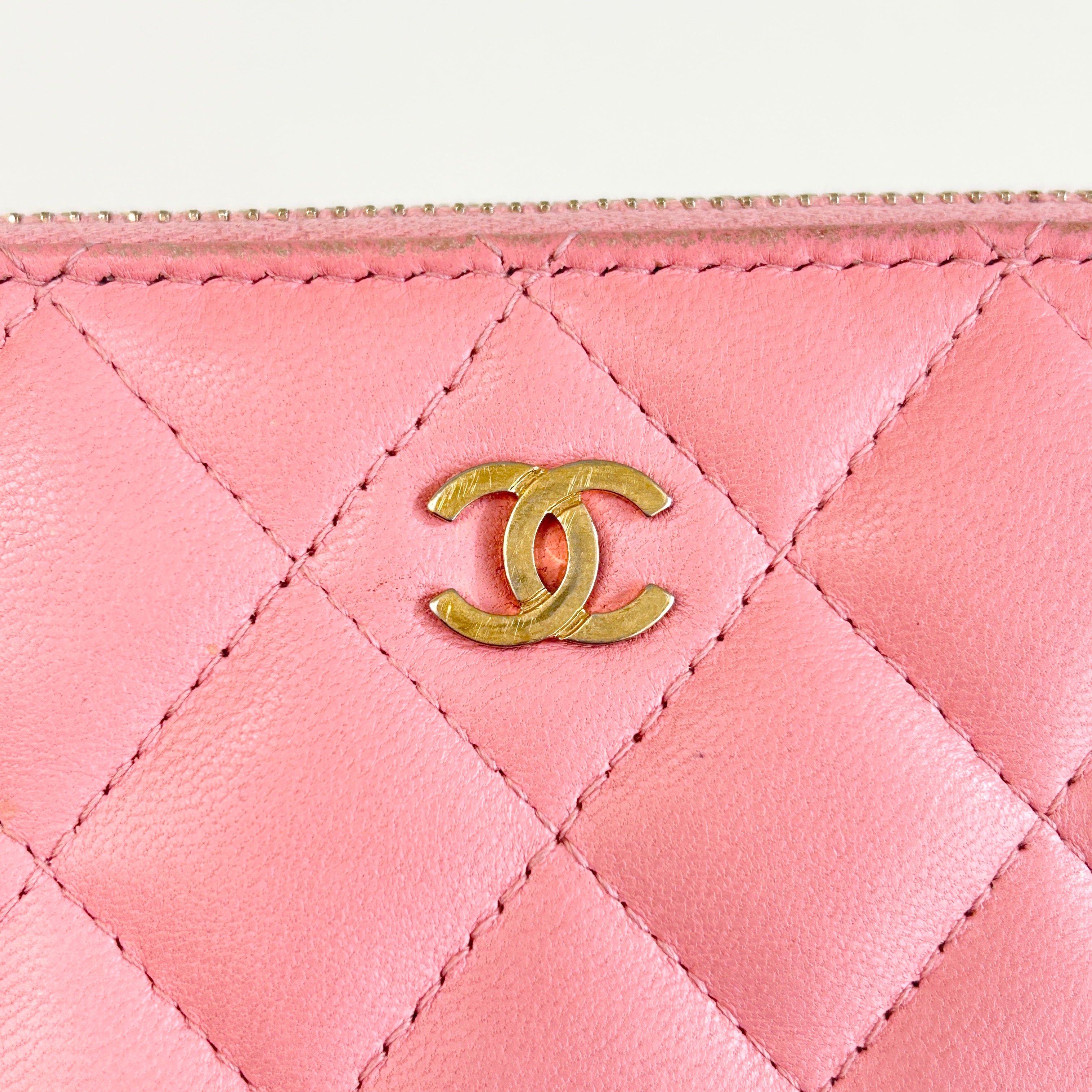 Light Pink Lambskin Quilted Double Zip Wallet on Chain w/LGHW