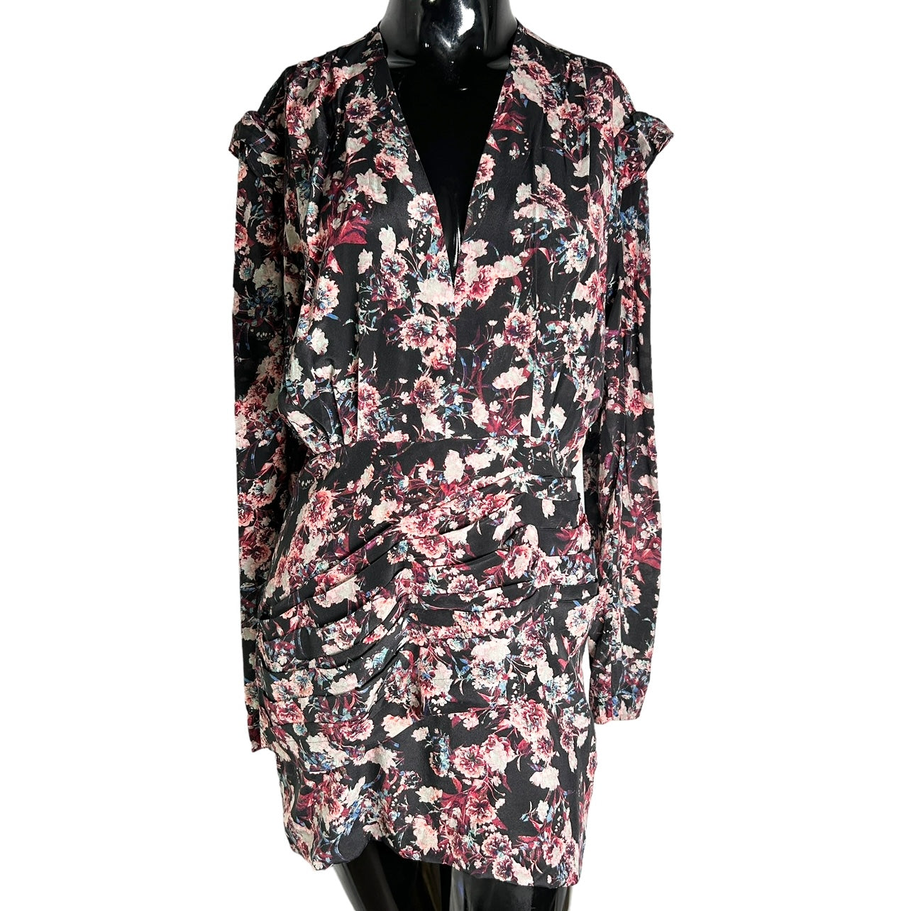 IRO Merca Long-Sleeve Plunging Floral Mini Dress in Black/Pink