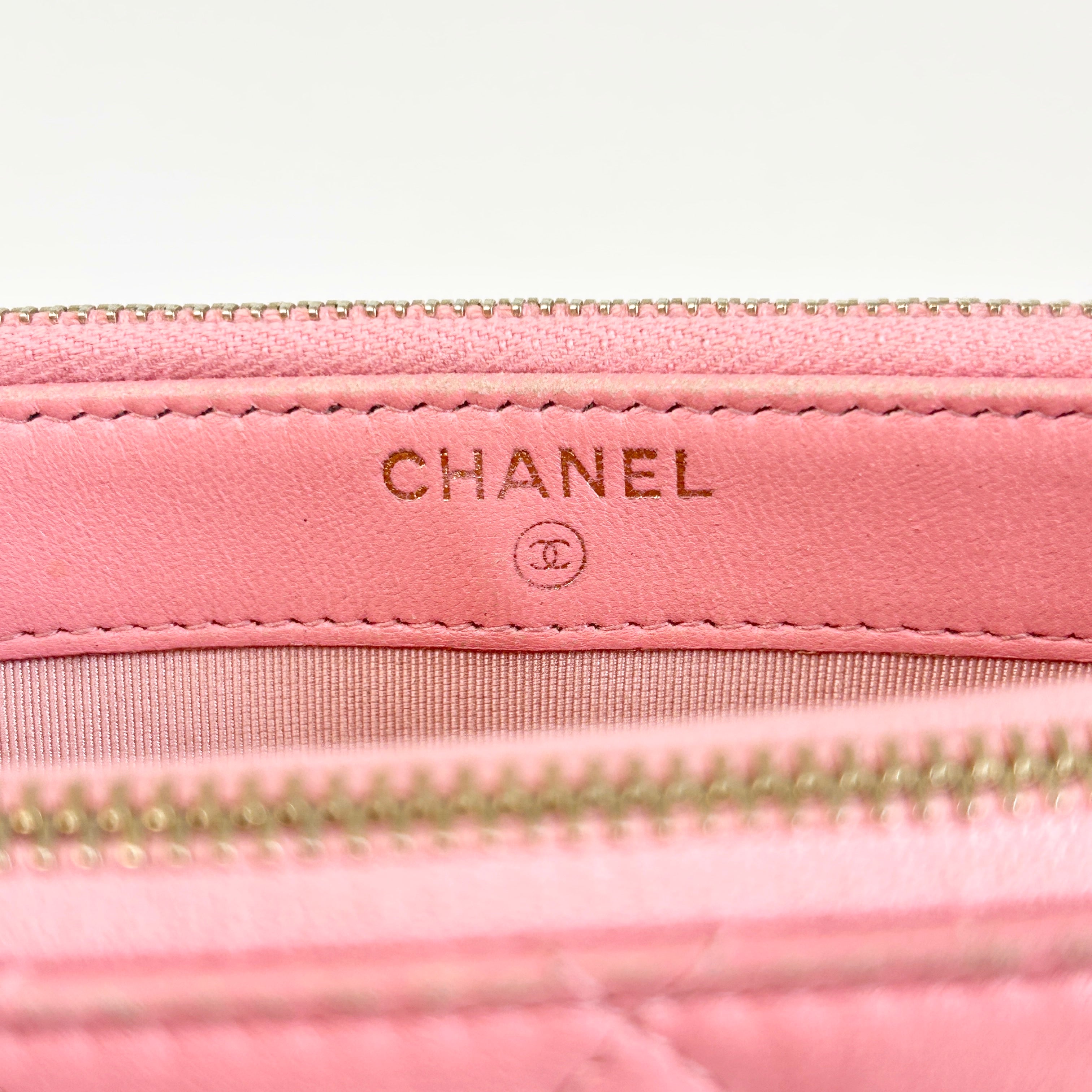 Light Pink Lambskin Quilted Double Zip Wallet on Chain w/LGHW