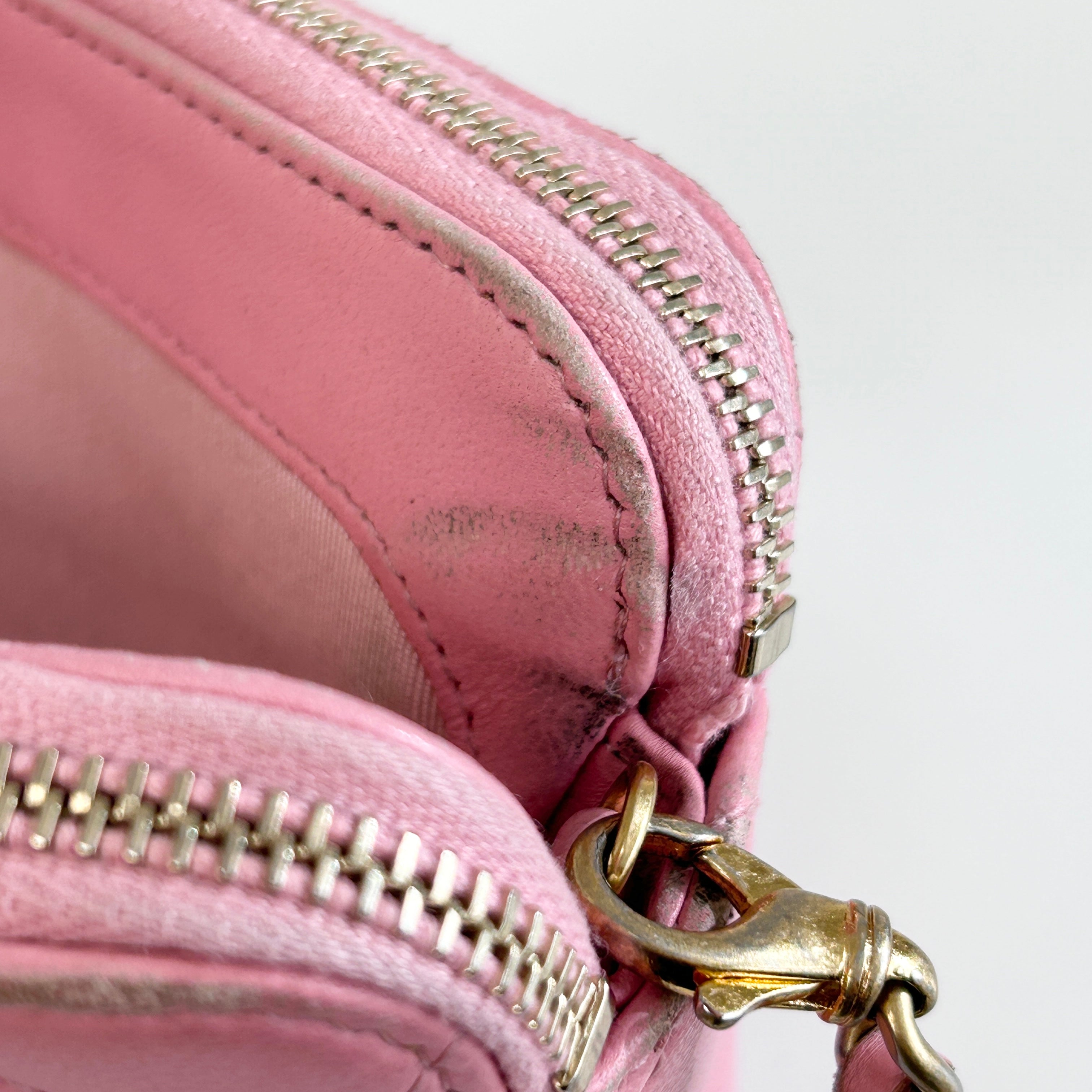 Light Pink Lambskin Quilted Double Zip Wallet on Chain w/LGHW