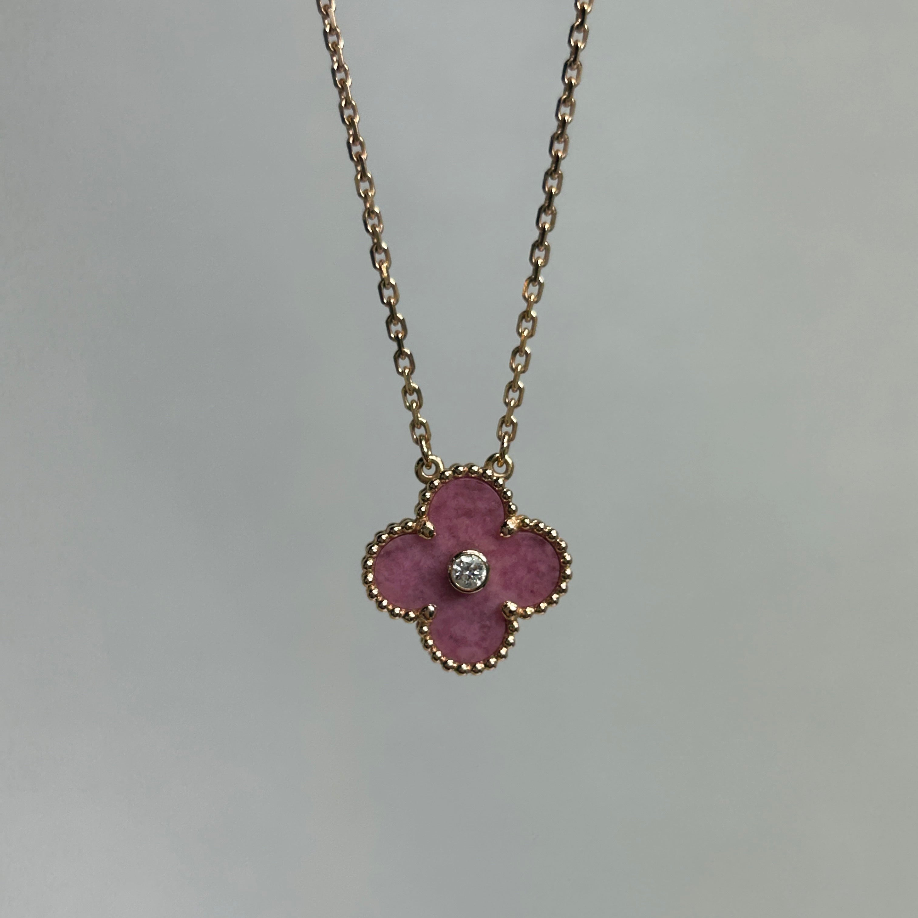 Limited Holiday Edition 18K Rose Gold, Pink Rhodonite and  Diamond Christmas Holiday Alhambra Vintage Pendant