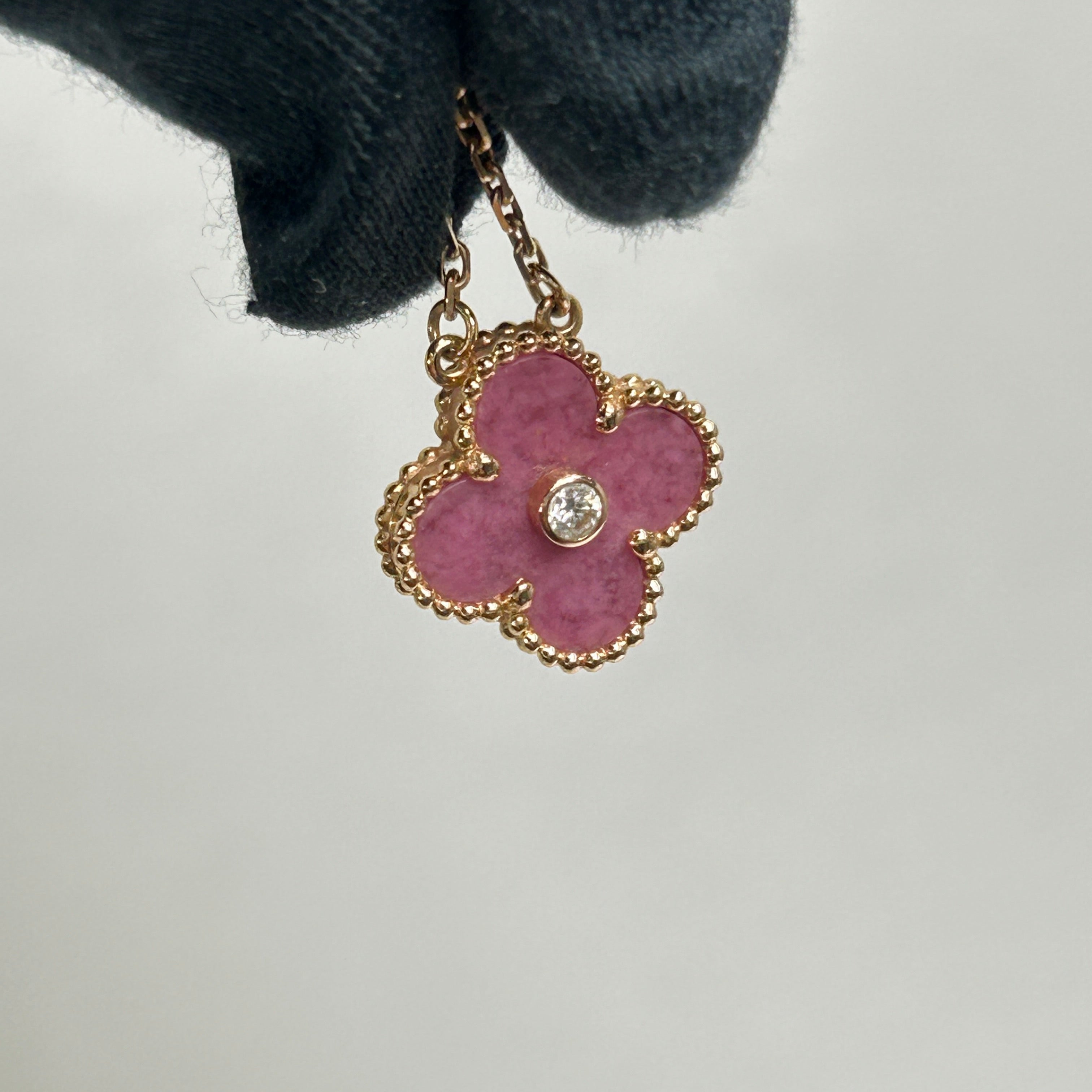 Limited Holiday Edition 18K Rose Gold, Pink Rhodonite and  Diamond Christmas Holiday Alhambra Vintage Pendant