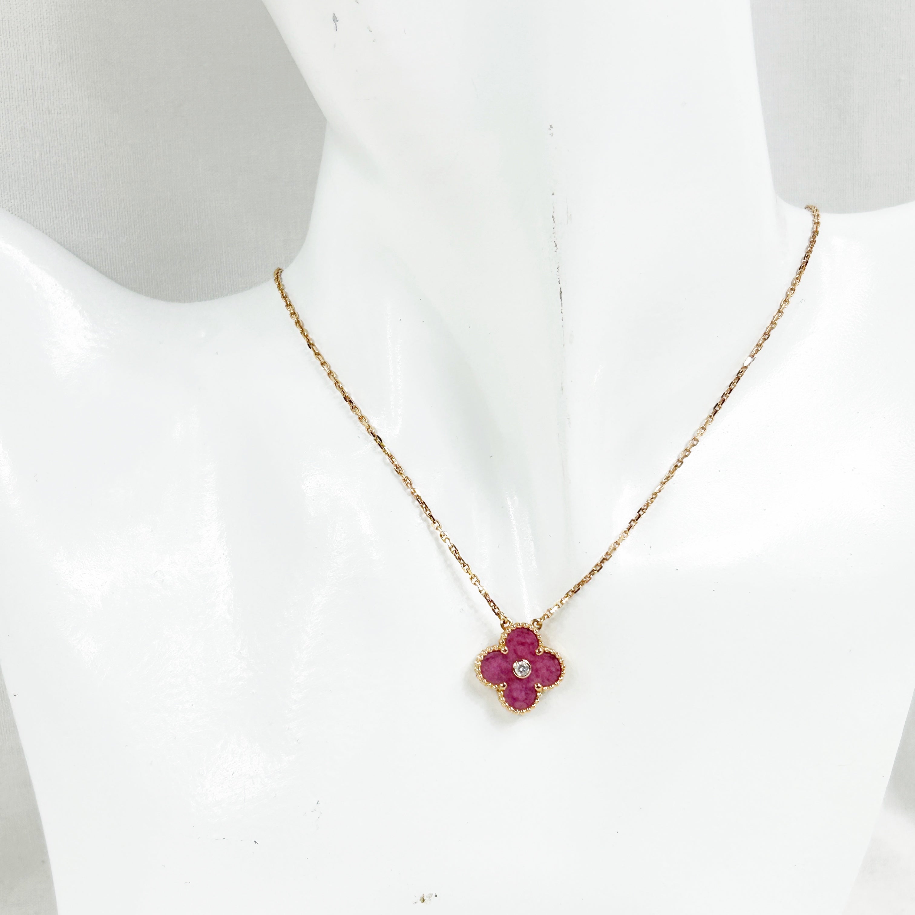 Limited Holiday Edition 18K Rose Gold, Pink Rhodonite and  Diamond Christmas Holiday Alhambra Vintage Pendant