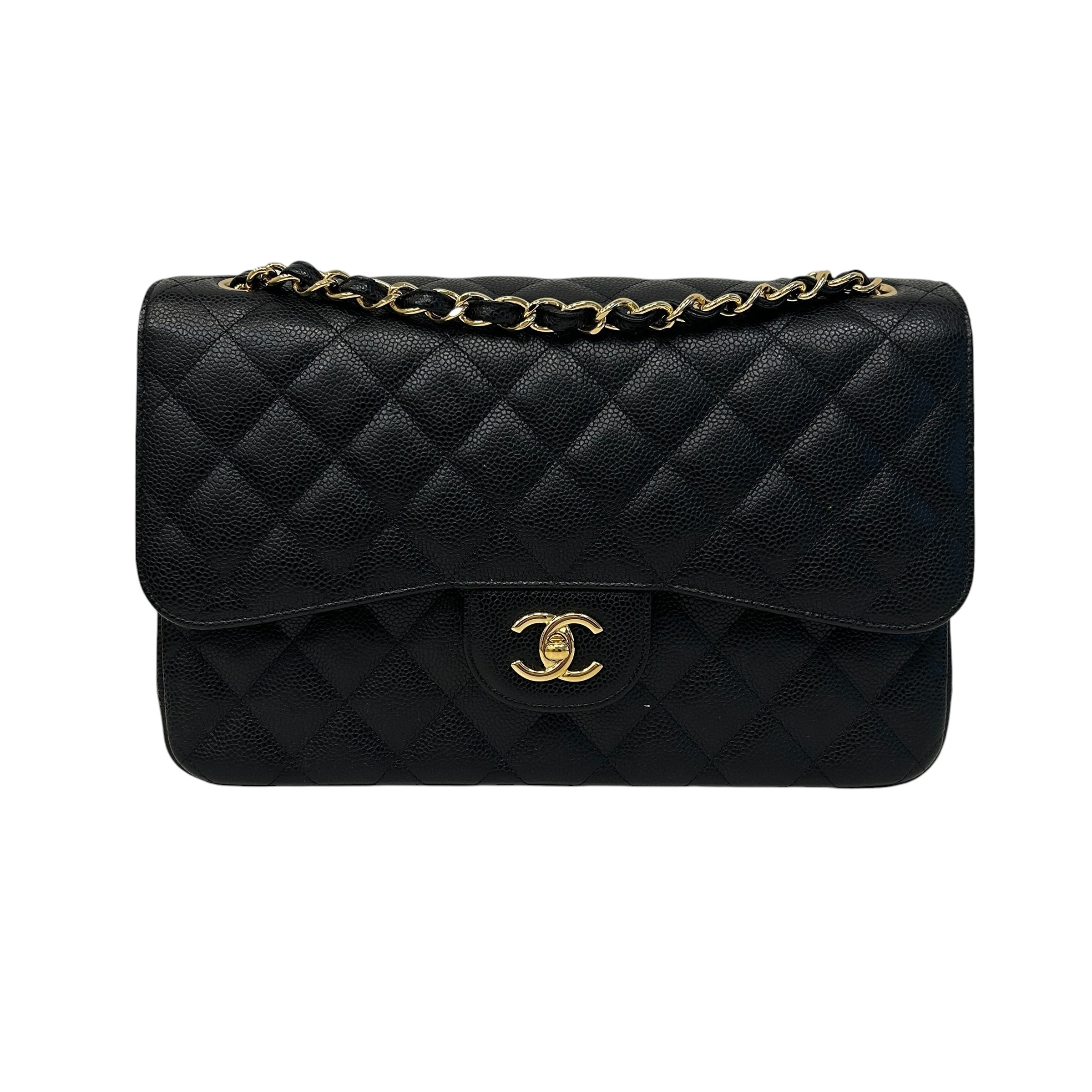 Black Caviar Leather Classic Jumbo Double Flap Bag w/GHW