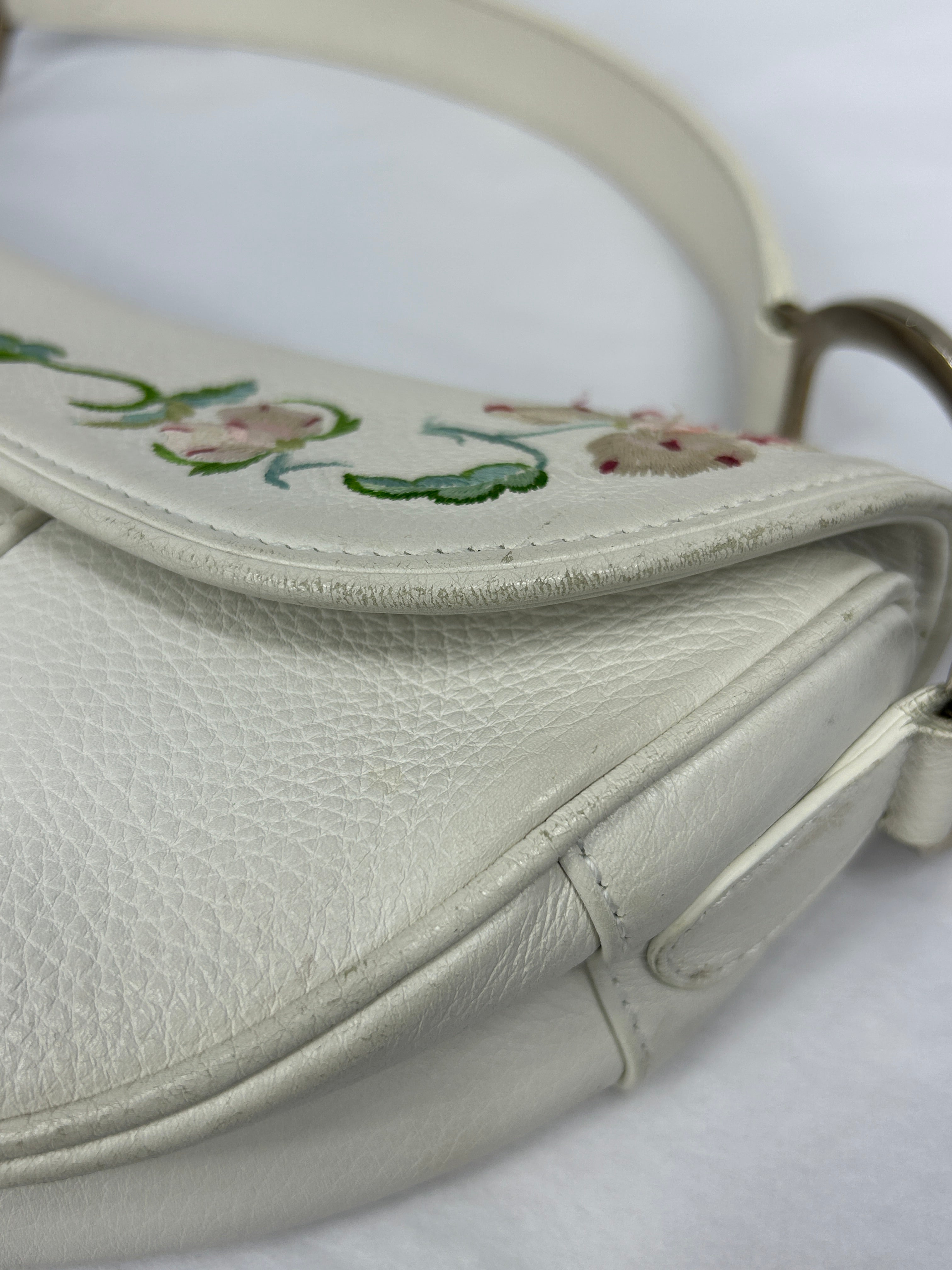 White Grained Calfskin Embroidered Romantic Flowers Saddle Bag w/SHW