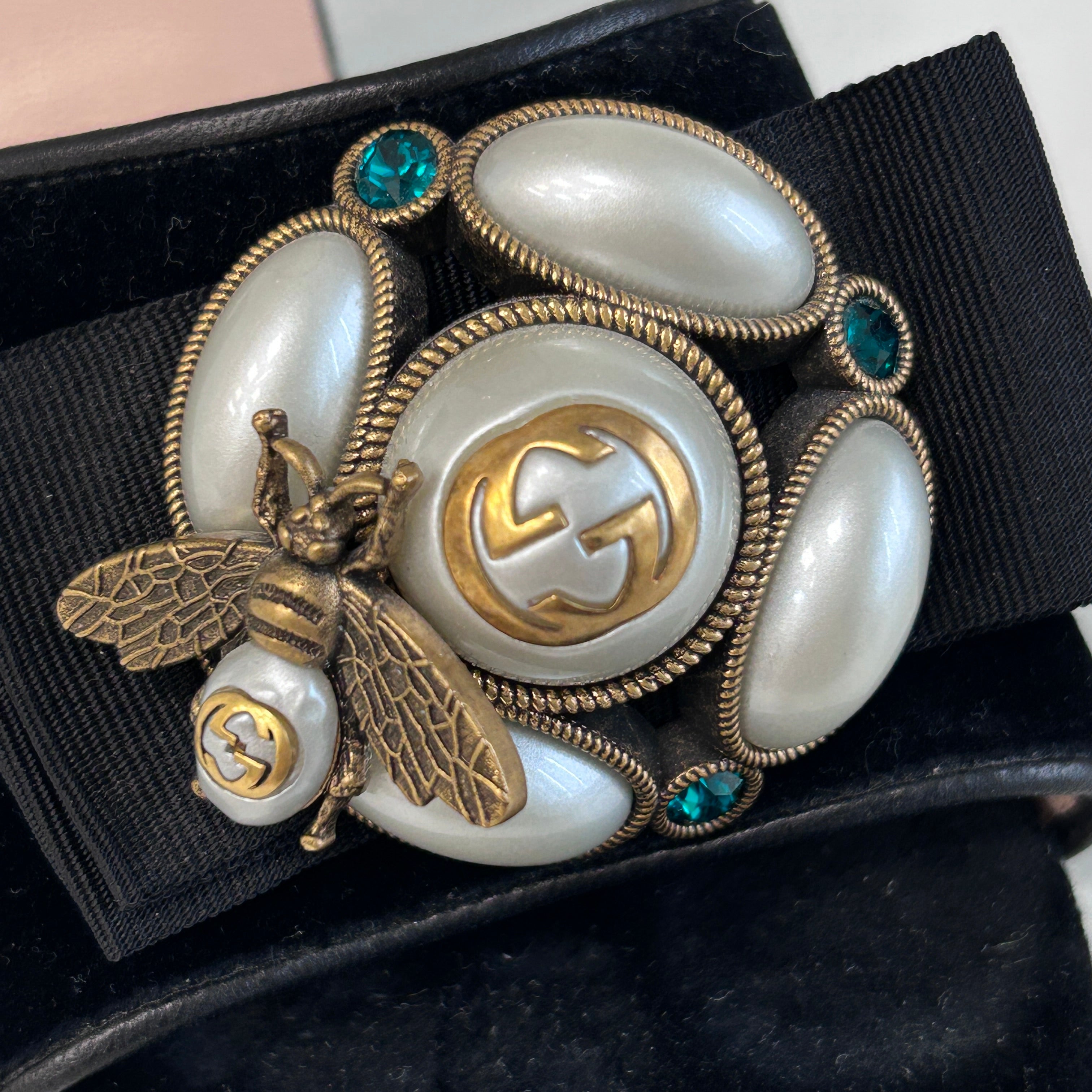 Black Velvet Pearl Bee Logo Heels