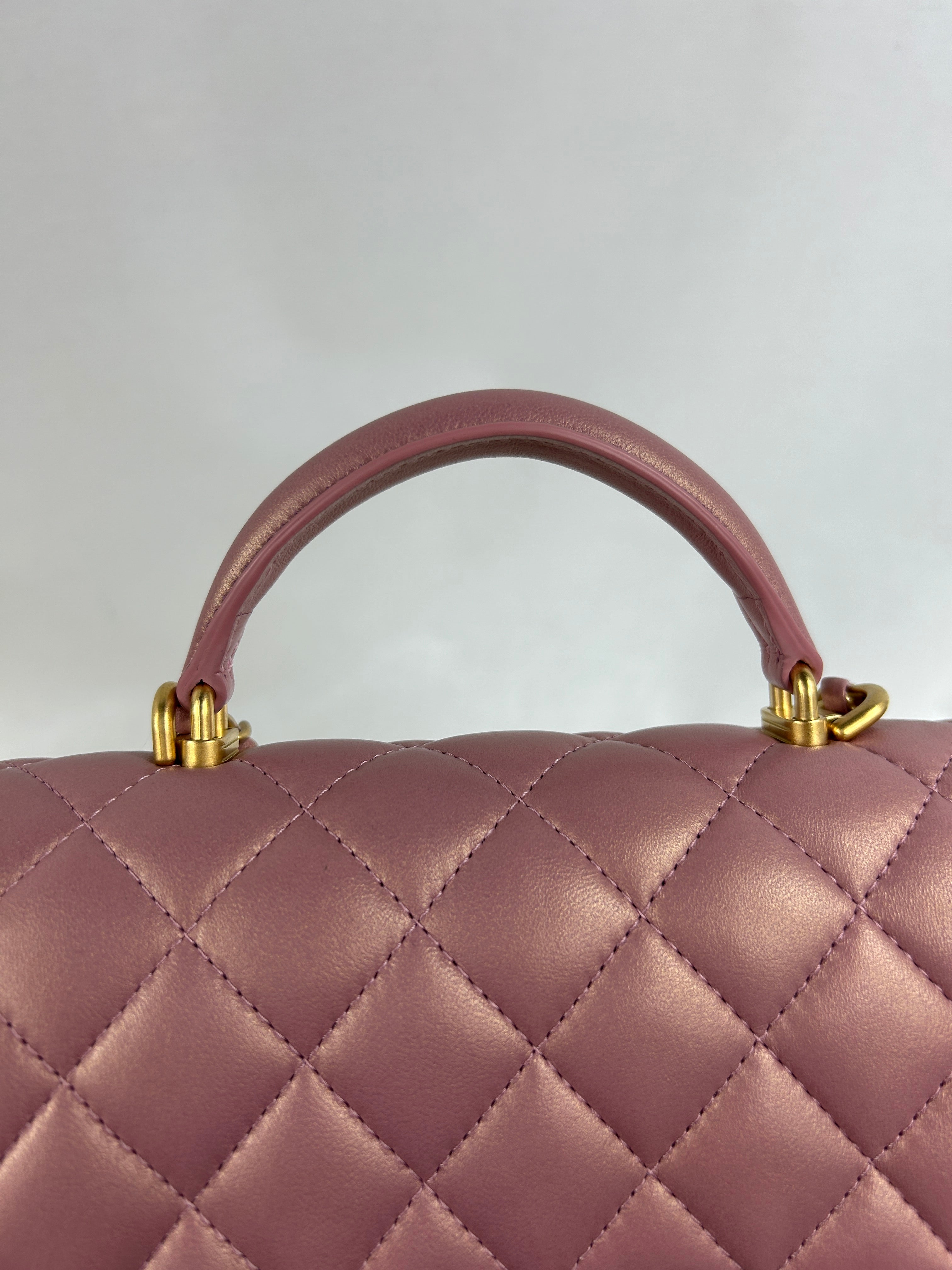 Pink Iridescent Lambskin Leather Quilted Mini Rectangle Top Handle Flap Bag w/AGHW