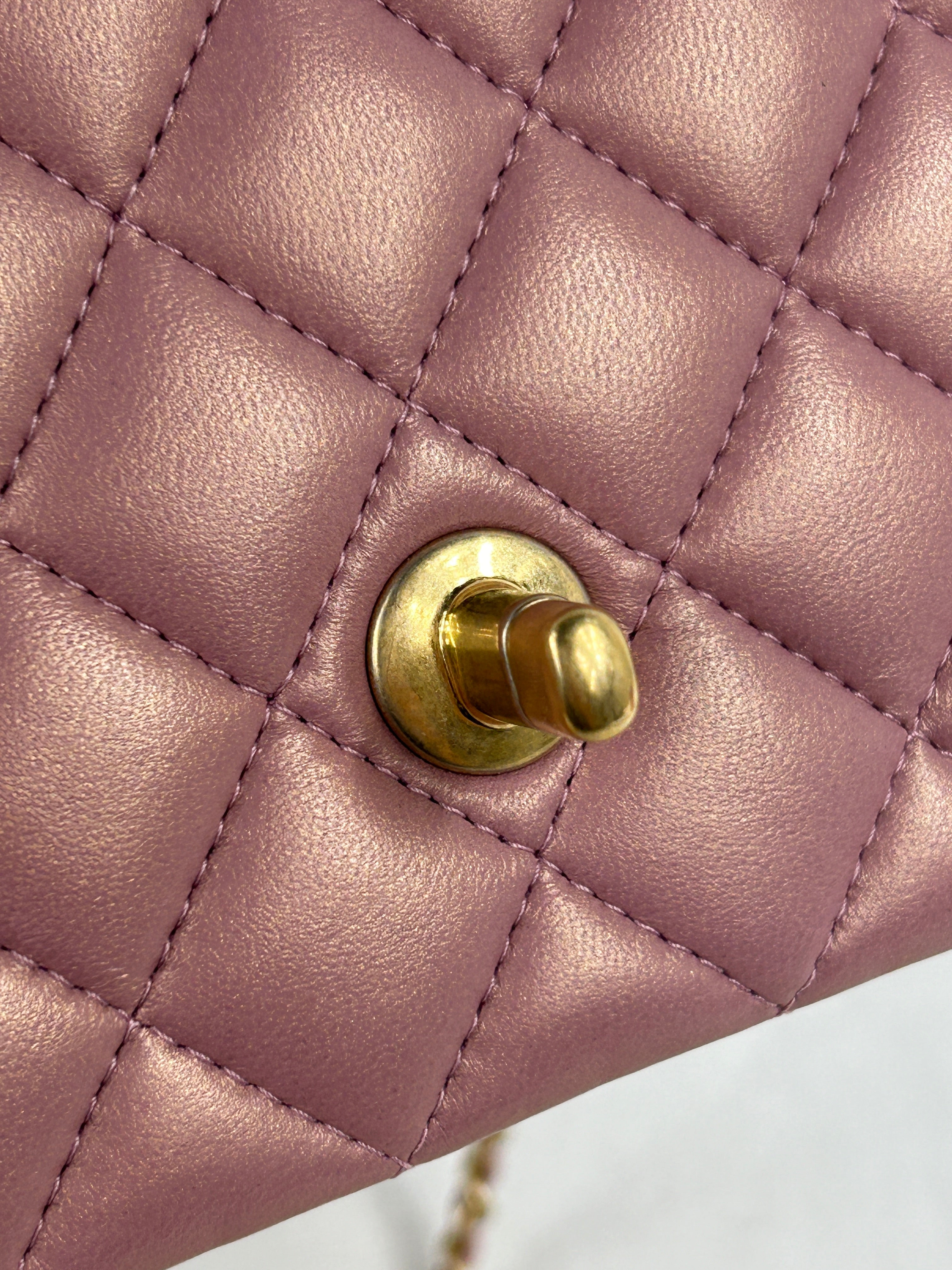 Pink Iridescent Lambskin Leather Quilted Mini Rectangle Top Handle Flap Bag w/AGHW